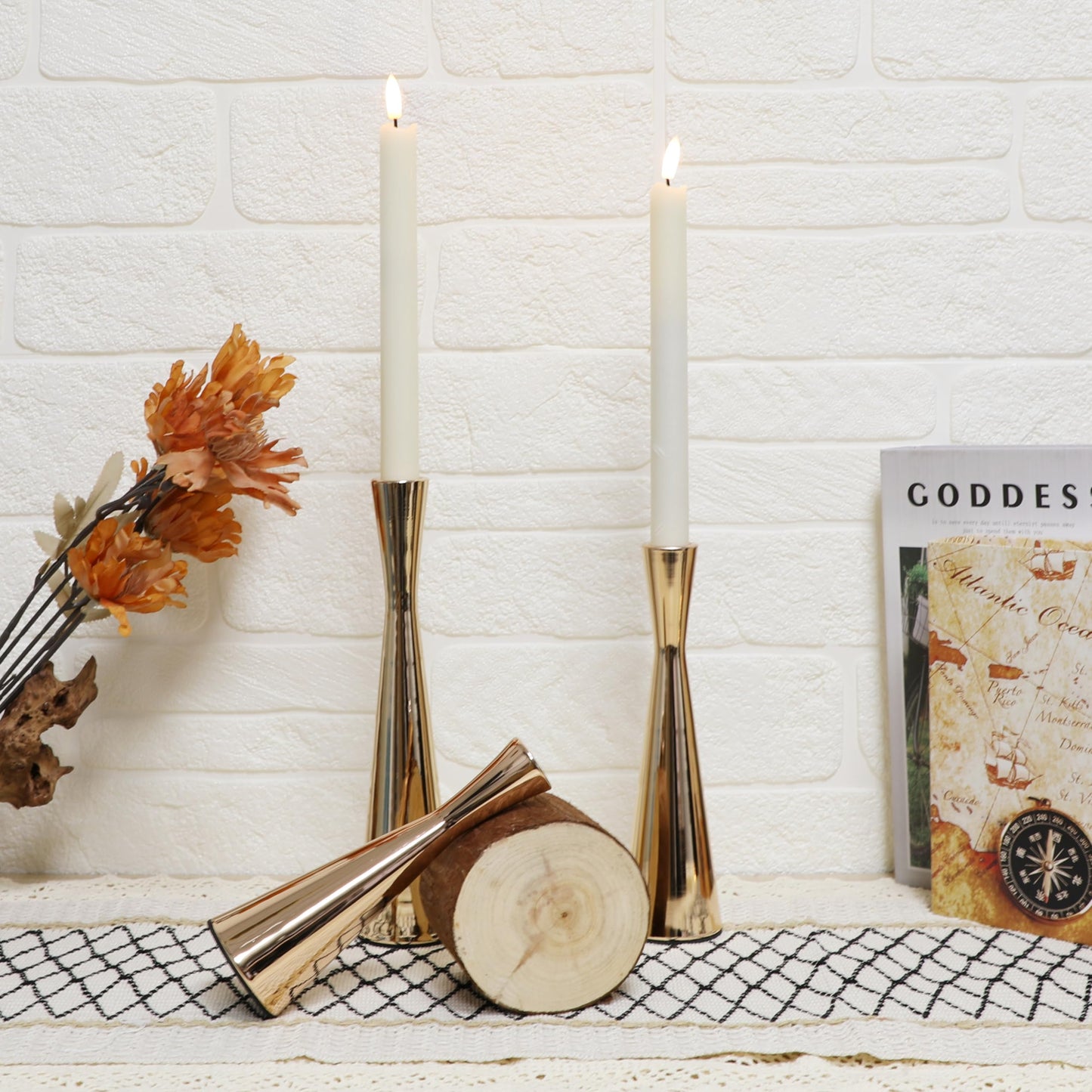 Taper Candle Holders Metal Candlestick Holders Set of 3 Table Mantel Decorative Candle Stand for Dinning,Party,Wedding,Home Decor(Gold)