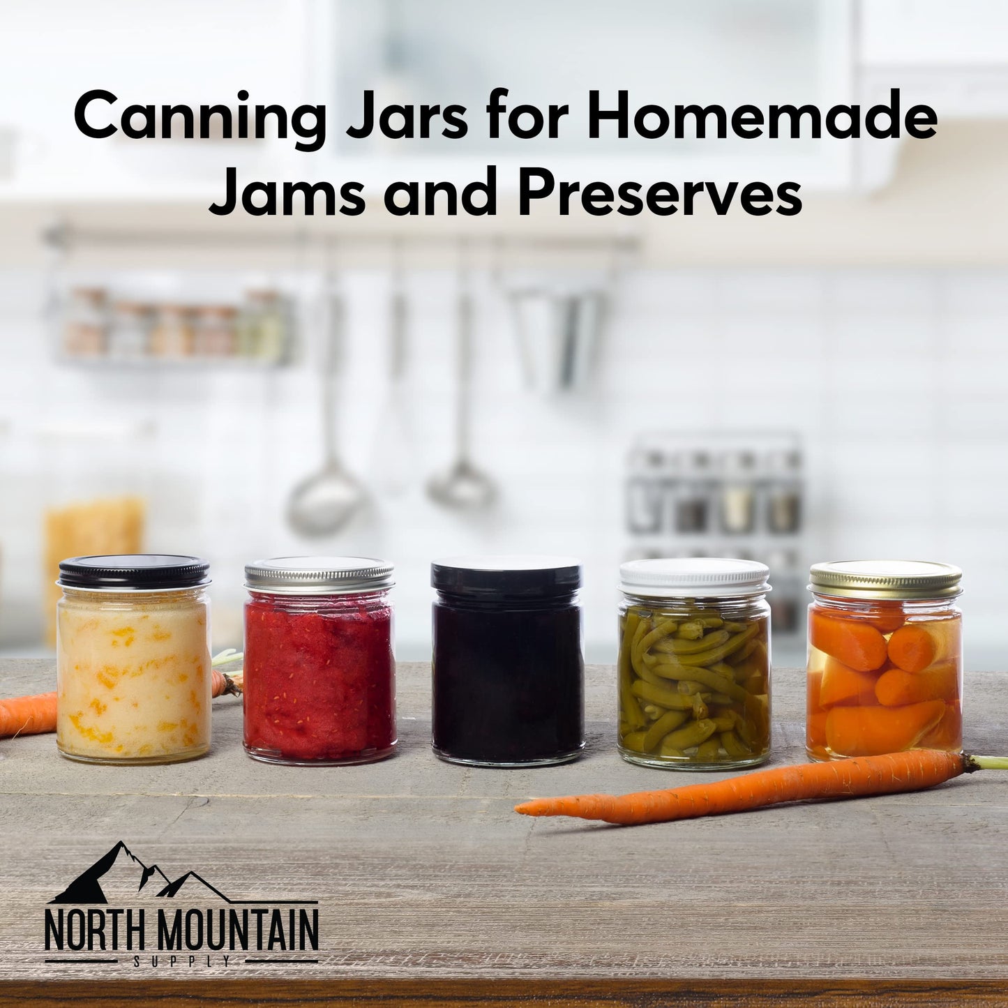 North Mountain Supply 9 Ounce Clear Glass Straight Sided Mason Canning Jars- With 70mm Gold Metal Lids - Case of 12
