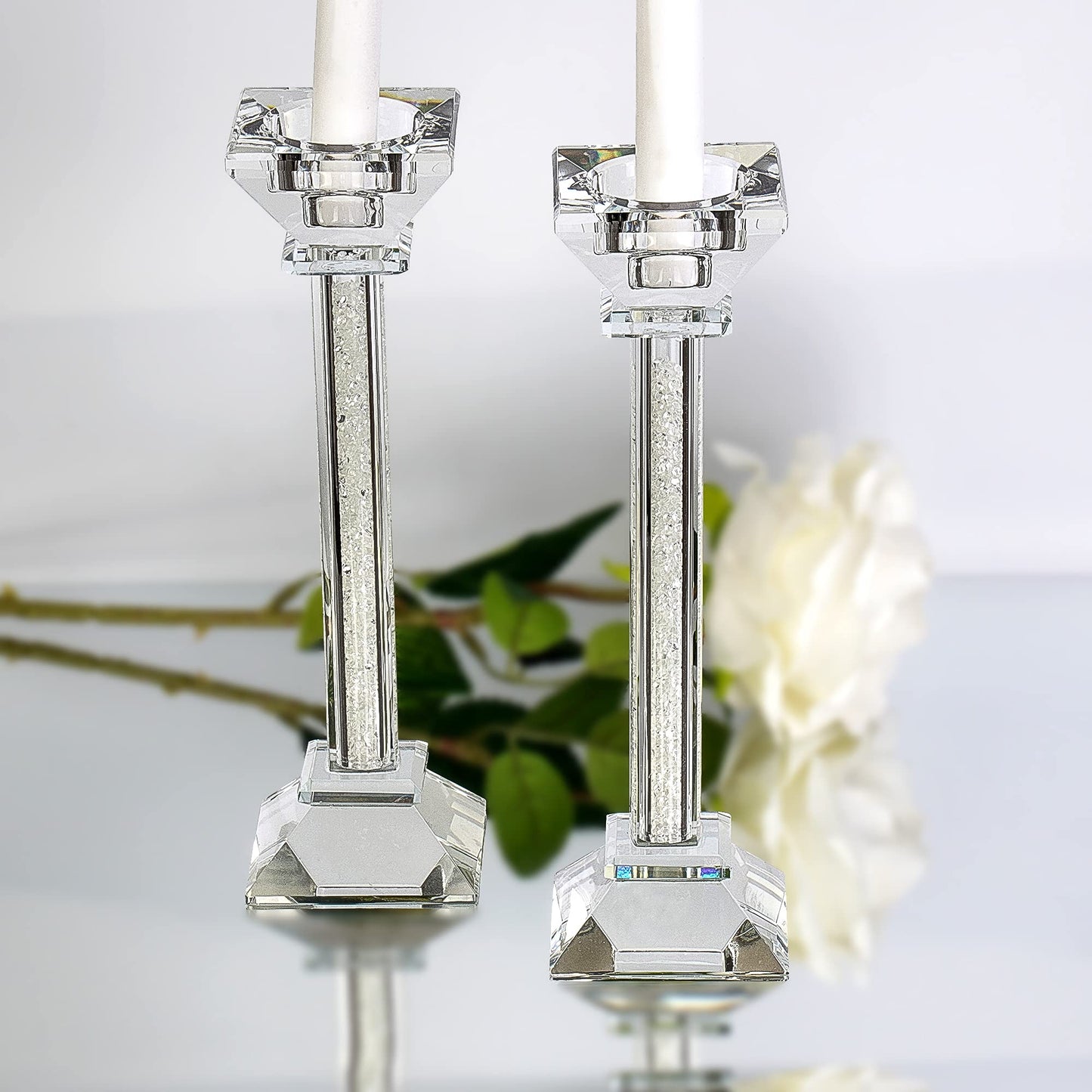 Crystal Candle Holders Set of 2-8.6" Tall Crystal Candlestick Holders - Ultra Elegant and Modern Centerpiece Home Decor