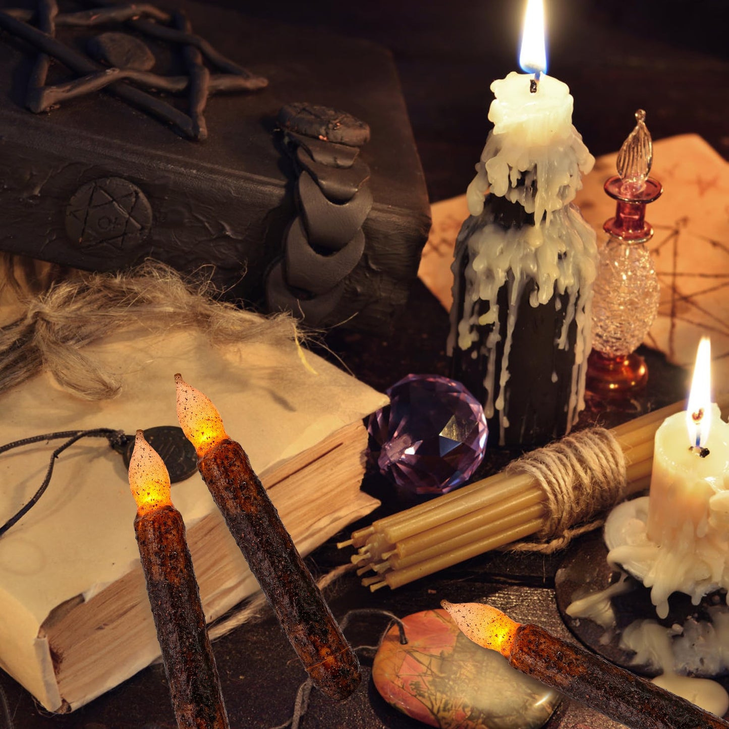 Lpraer 6Pack Real Wax Pillar Taper Candle Primitive Drip Candles Flameless Flickering LED Lights Dipped Battery Operated Halloween Decoration Set Party Festival Church Decor,Brown