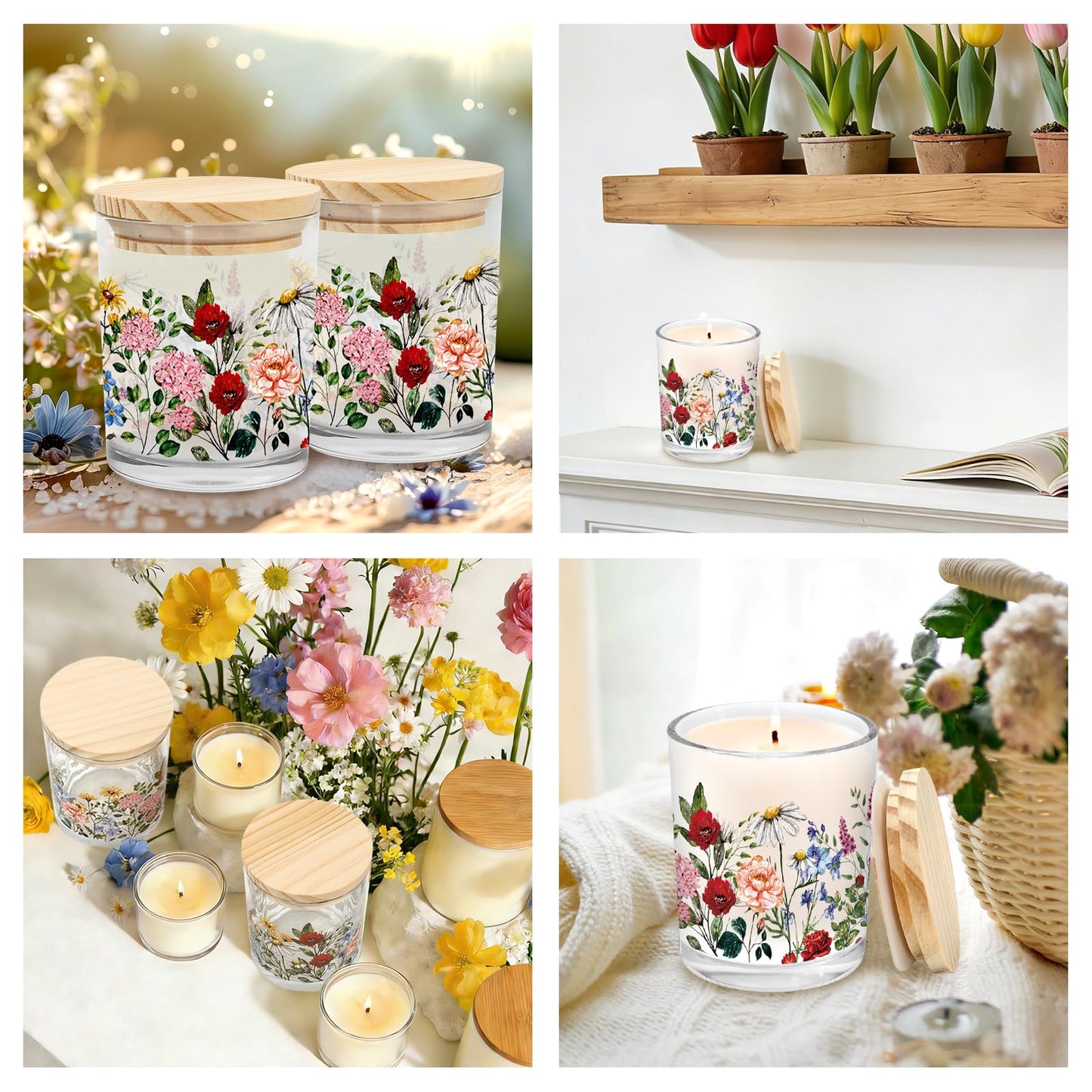 Whaline 12Pcs Wildflower Empty Candle Jar with Wooden Lid 7 oz Spring Floral Glass Candle Container for Candles Making Storing Kitchen Table Centerpiece Decoration