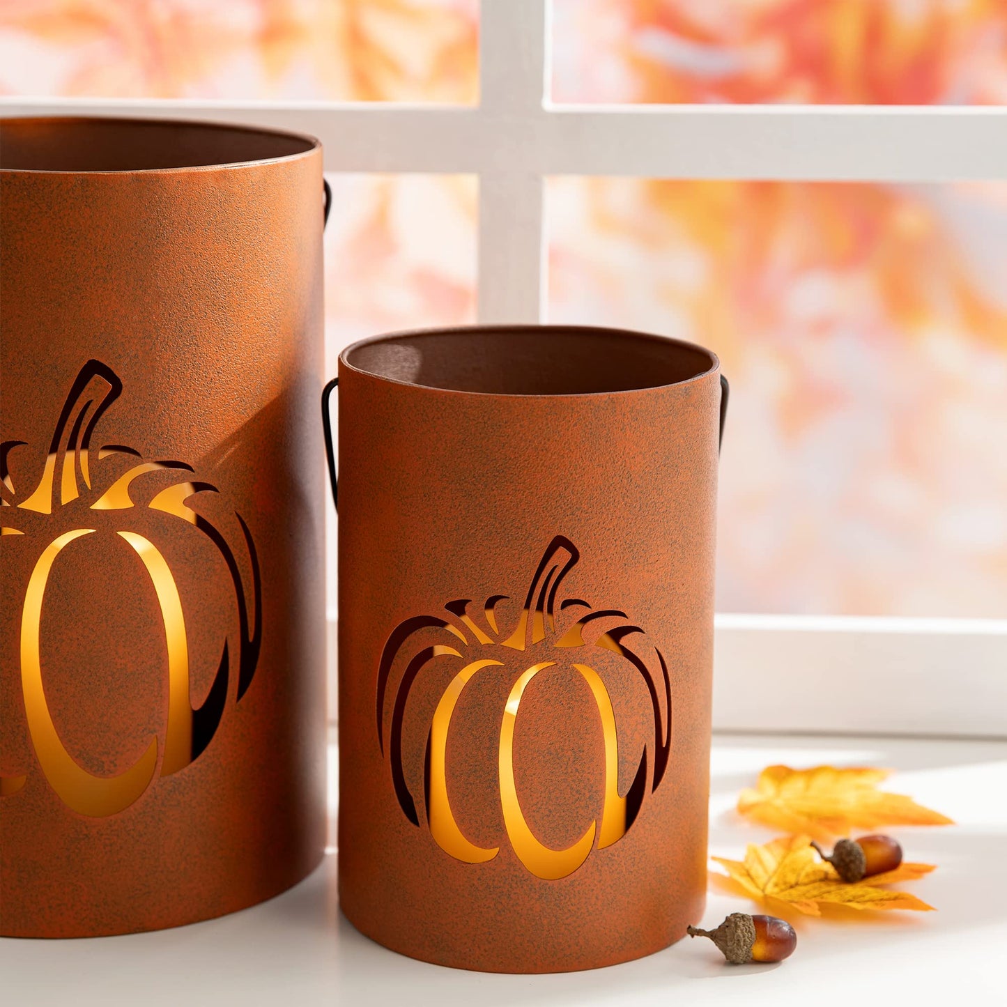 Glitzhome 2 Pack Halloween Cutout Pumpkin Lantern Candle Holder Bucket Thanksgiving Metal Standing or Hanging Porch Signs Decor, Orange