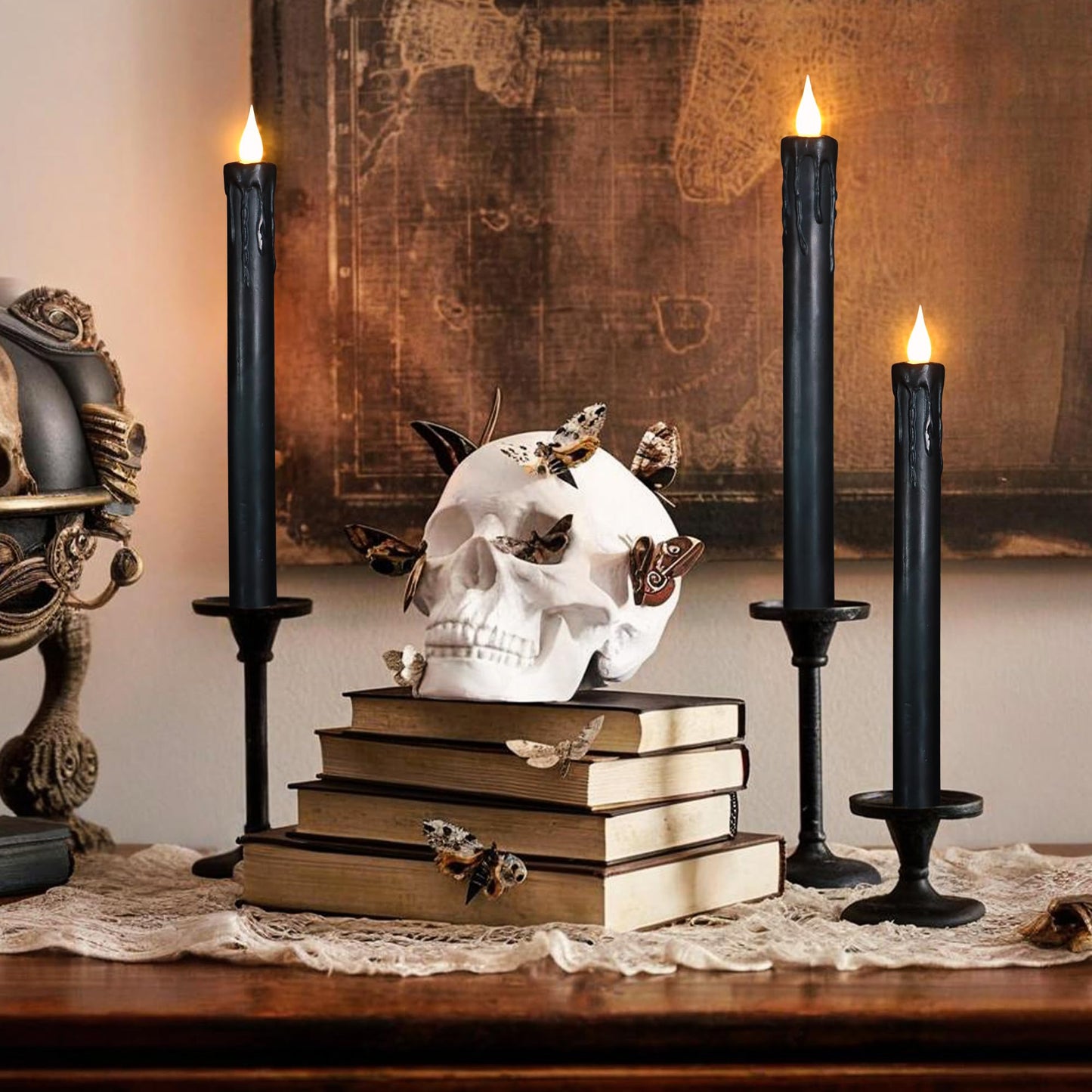 yunsheng 6Pcs Black Flameless Taper Candles with Remote Timer, 9.5 Inches Real Wax Battery Operated LED Candles, 3D Wick Warm White Flickeing Candle for Halloween Party Home Decor