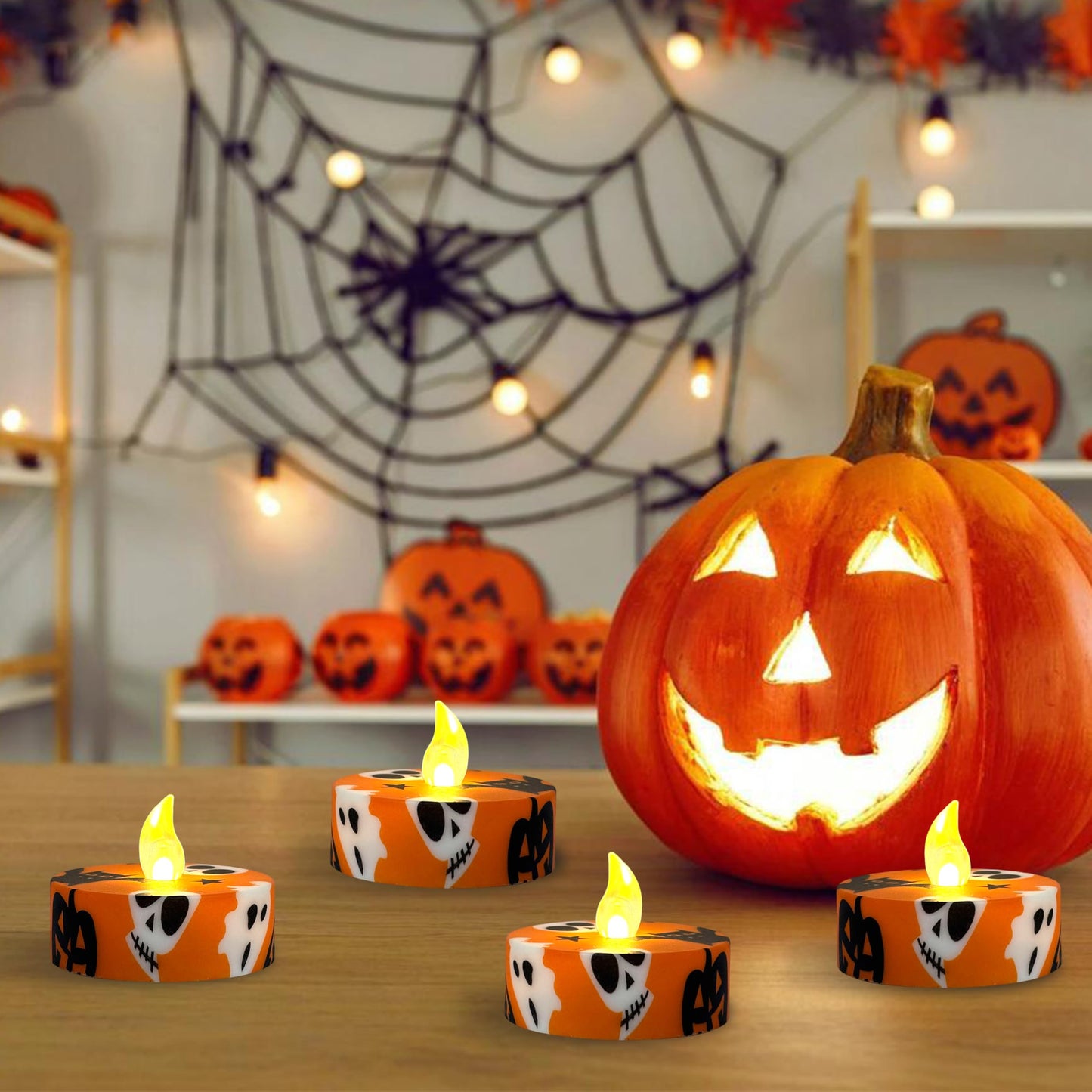 FCMSHAMD Halloween Orange Flameless Tealights Candles with 10-Key Remote Timer Battery Operated, 2.2 Inch Flickering LED Tea Lights Candles for Home Decoration,12 Pack
