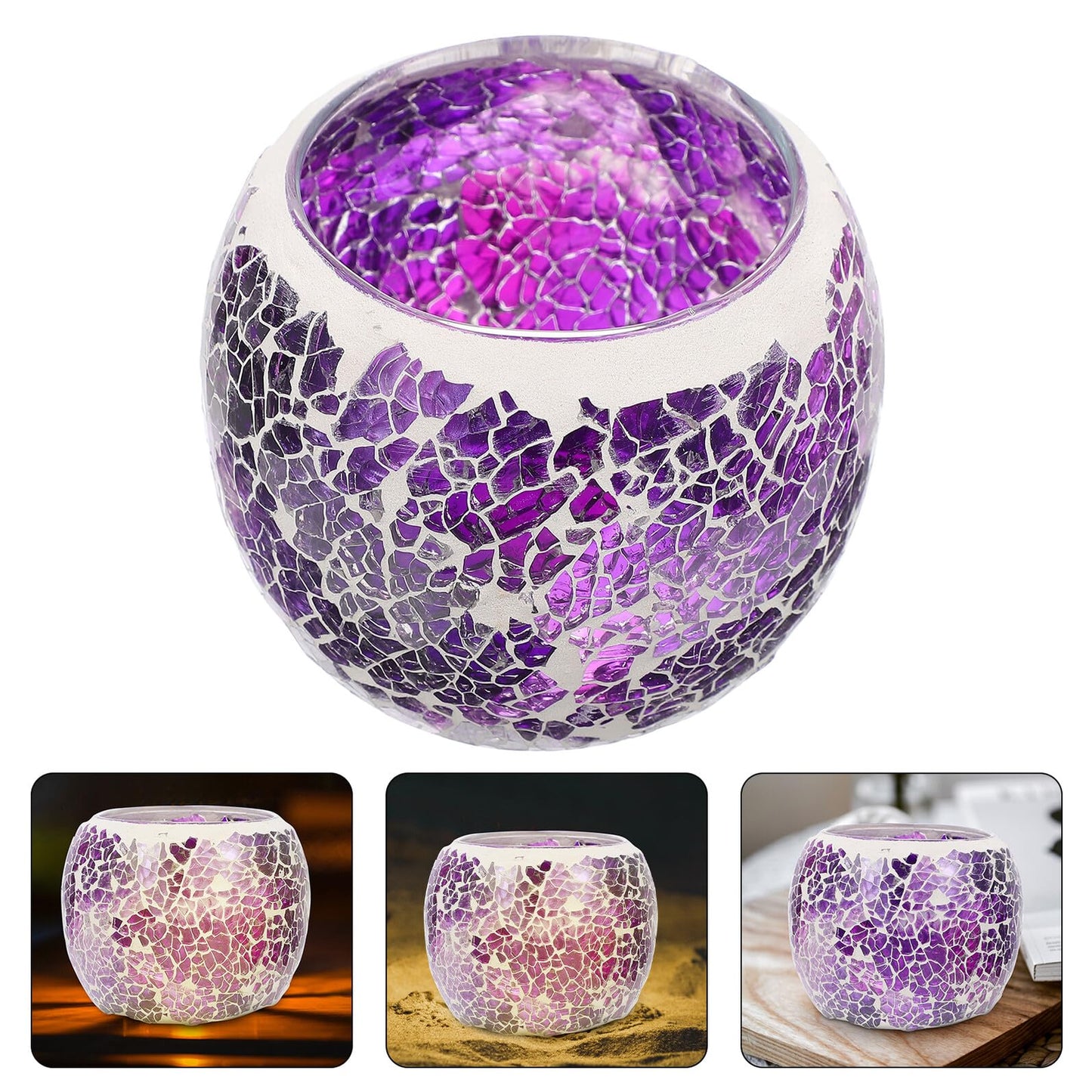 Generic European Style Purple Mosaic Glass Candleholder, Decorative Table Candlestick for Romantic Dinner, Home and Bar Dining Centerpiece