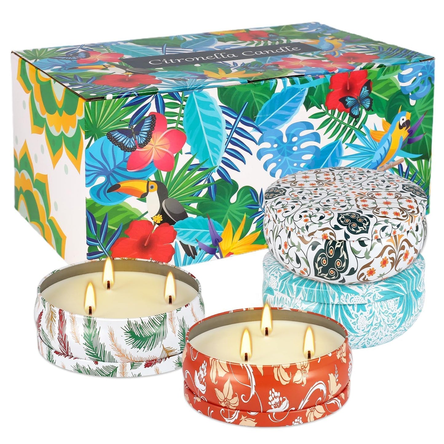 4-Pack Citronella Candle Set in Decorative Tropical Flower Tin Boxes - 3-Wick Functional Decorative Candles for Indoor & Outdoor Use - Perfect for Camping, Travel, BBQ, Picnics, and Mother's Day Gift