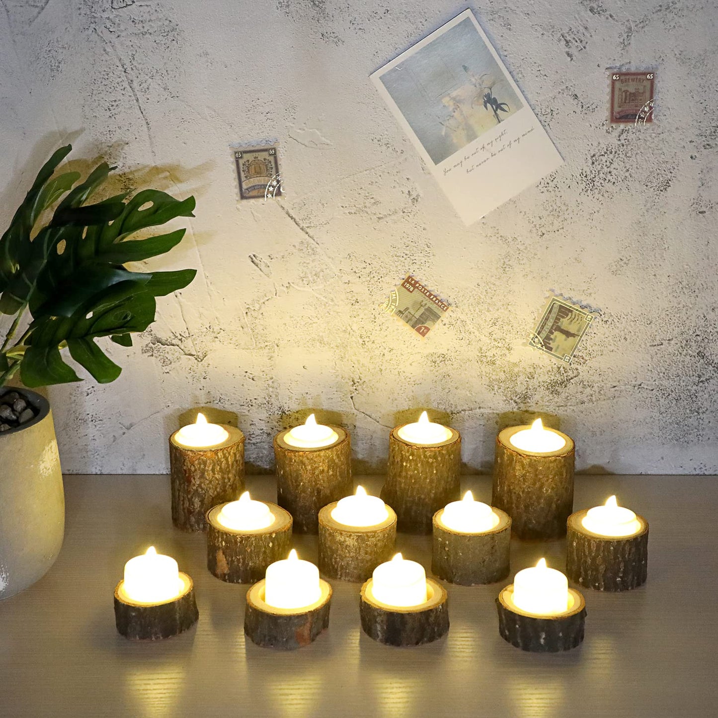 OwnMy Set of 12 Wooden Tea Light Candle Holders Votive Candle Holders, Rustic Pillar Candle Stands Vintage Wood Tealight Holders Set for Wedding Party Dining Table Centerpieces, 1" + 1.6" + 2.7"