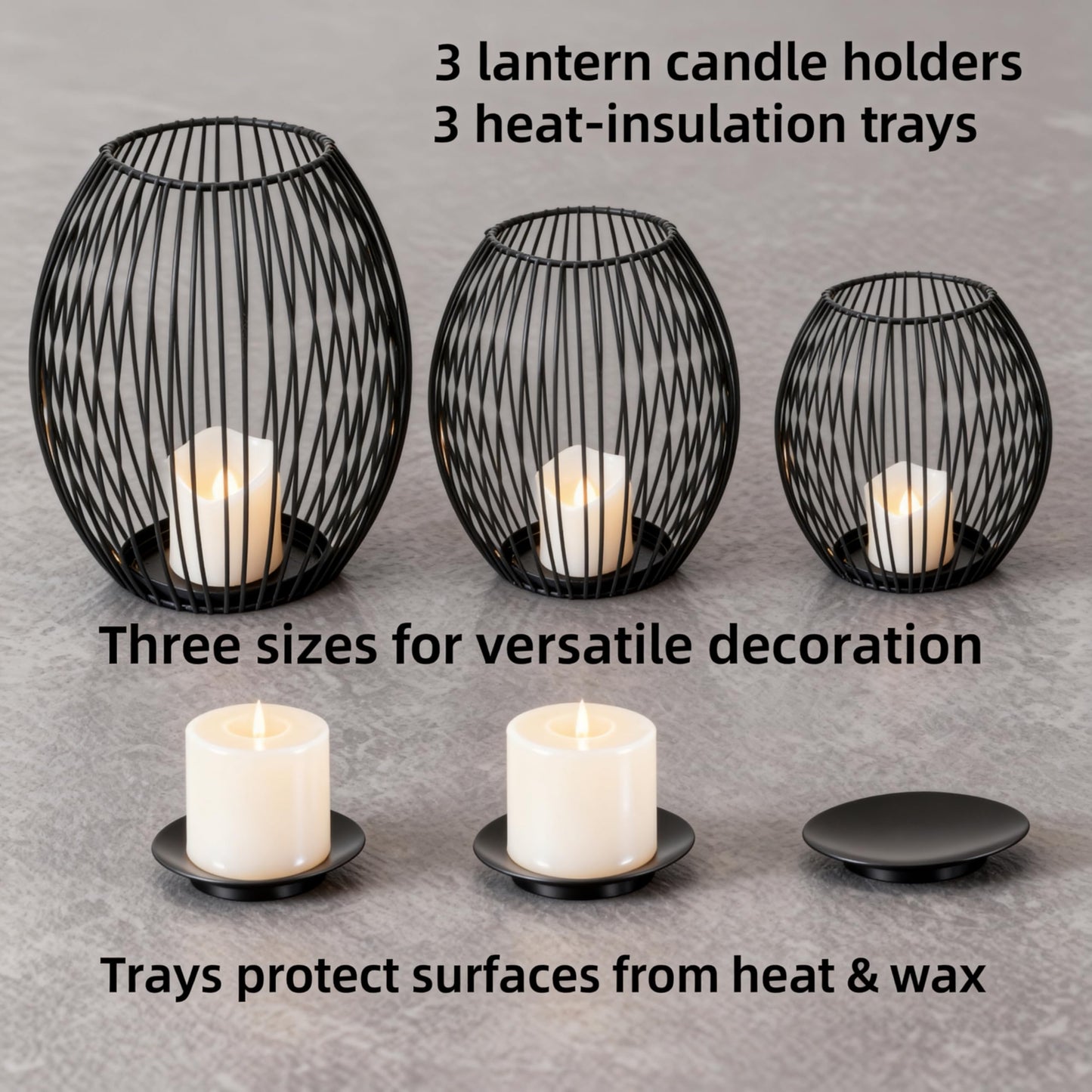 Black Candle Holder Set – Modern Metal Wire Black Candlestick Holders for Pillar Candles, Decorative Round Cage Candle Lanterns for Table, Shelf, or Home Décor