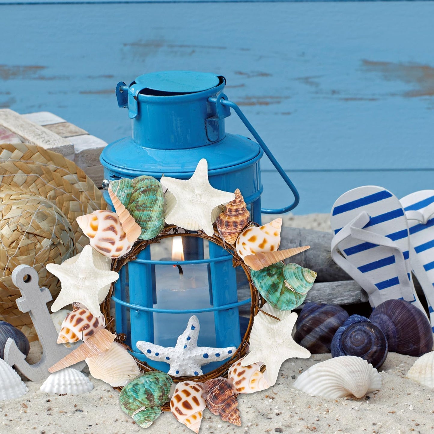 6 Pcs Summer Seashell Starfish Wreath Mini Candle Rings Wreaths Coastal Pillar Candle Holder for Ocean Cruise Wedding Parade Bridal Shower Bachelorette Party Table Decor