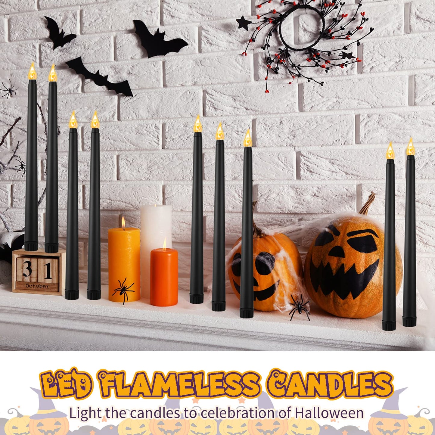 12 Pcs LED Taper Candles Dripless Unscented Flameless Battery Dinner Candles for Halloween, Weddings, Church, Hanukkah, Christmas, Autumn, New Year Celebration (Black)