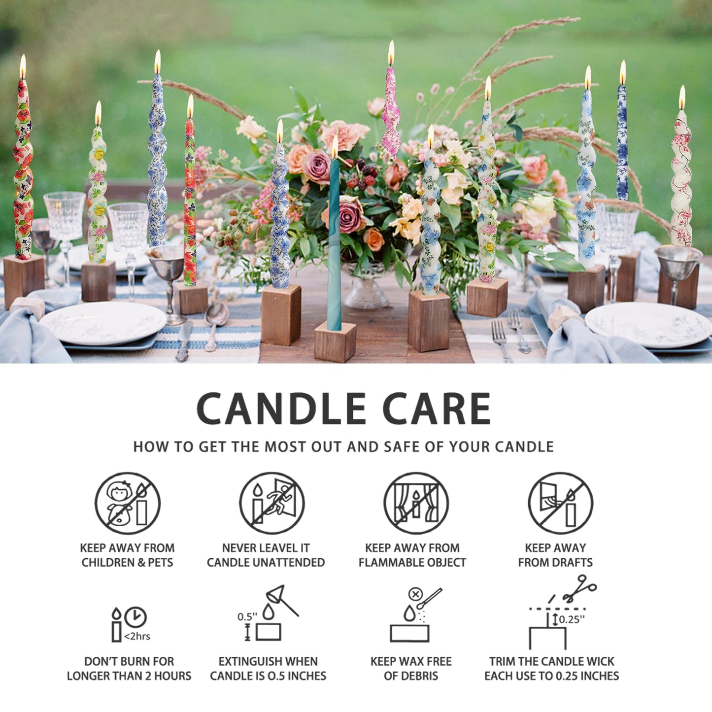 Gedengni Spiral Candle Sticks Printed Candlestick,Set of 4 Long Taper Candle Colorful Twisted Candlesticks 10 inches Blue Flower Tapered Candles for Home Wedding Women Gifts (2D4T-BLUFLW)