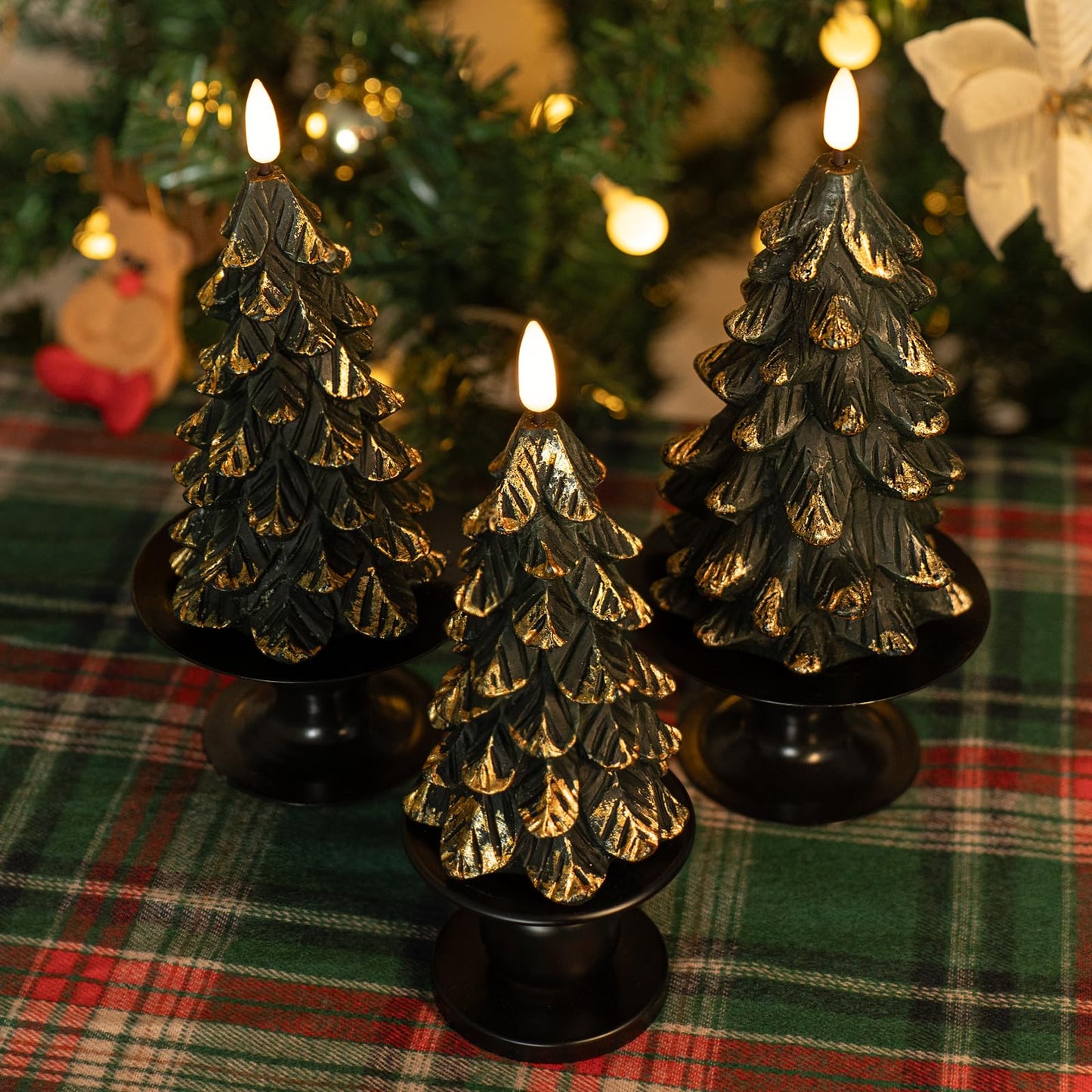 HN HAIINAA Green Christmas Tree Shaped Flameless Candles with Timer, Real Wax 3D Wick Flickering Battery Operated LED Candles for Christmas Home Party Decoration Set of 3