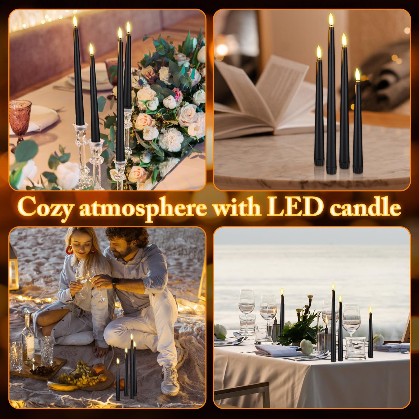 Rossesay 24 Pcs Flameless LED Taper Candles Battery Operated Candle 8.5", 9.65", 10.8", 12.8" Flameless Candlesticks Flickering for Christmas Church Wedding Indoor Decoration(Classic, Black)