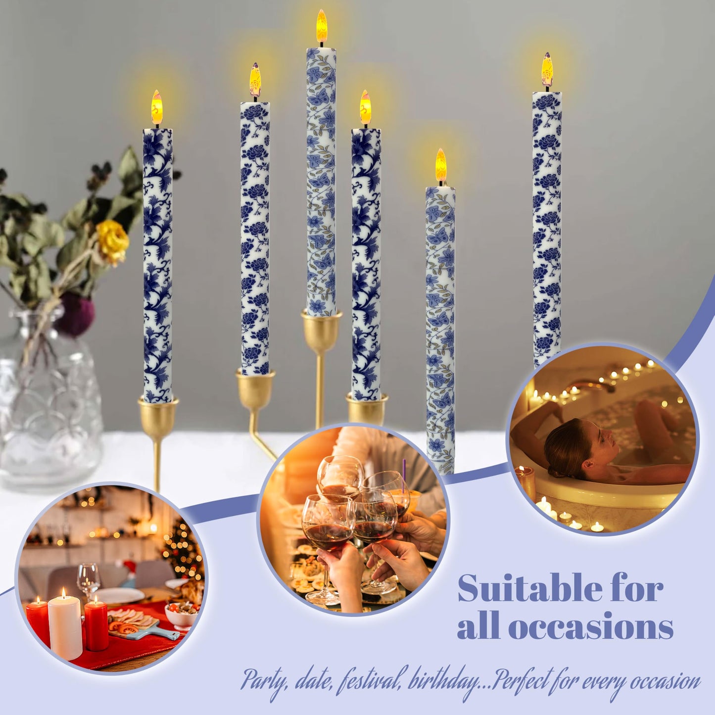 Chinoiserie LED Candles Flameless Candlesticks-6pcs Timer Blue Flower Battery Operated Candle Remote Floral LED Taper Candles Lights for Home Wedding Tea Party Windows Decor-P6TBLUMIX