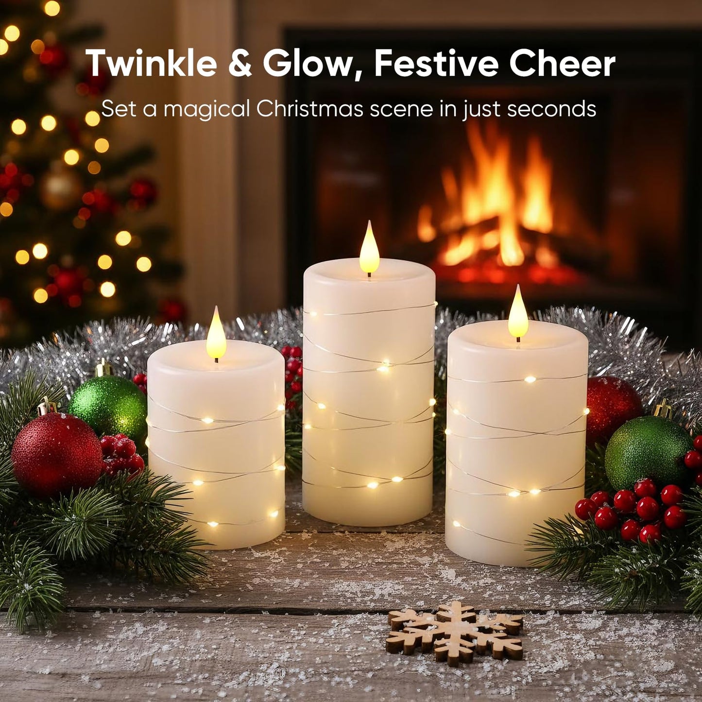 Amagic Flameless Candles with Embedded String Lights, 11-Key Remote & Timer, 3D Wick Real Wax Battery Operated Flickering Led Pillar Candles for Home, Lantern Decor, Set of 2, White