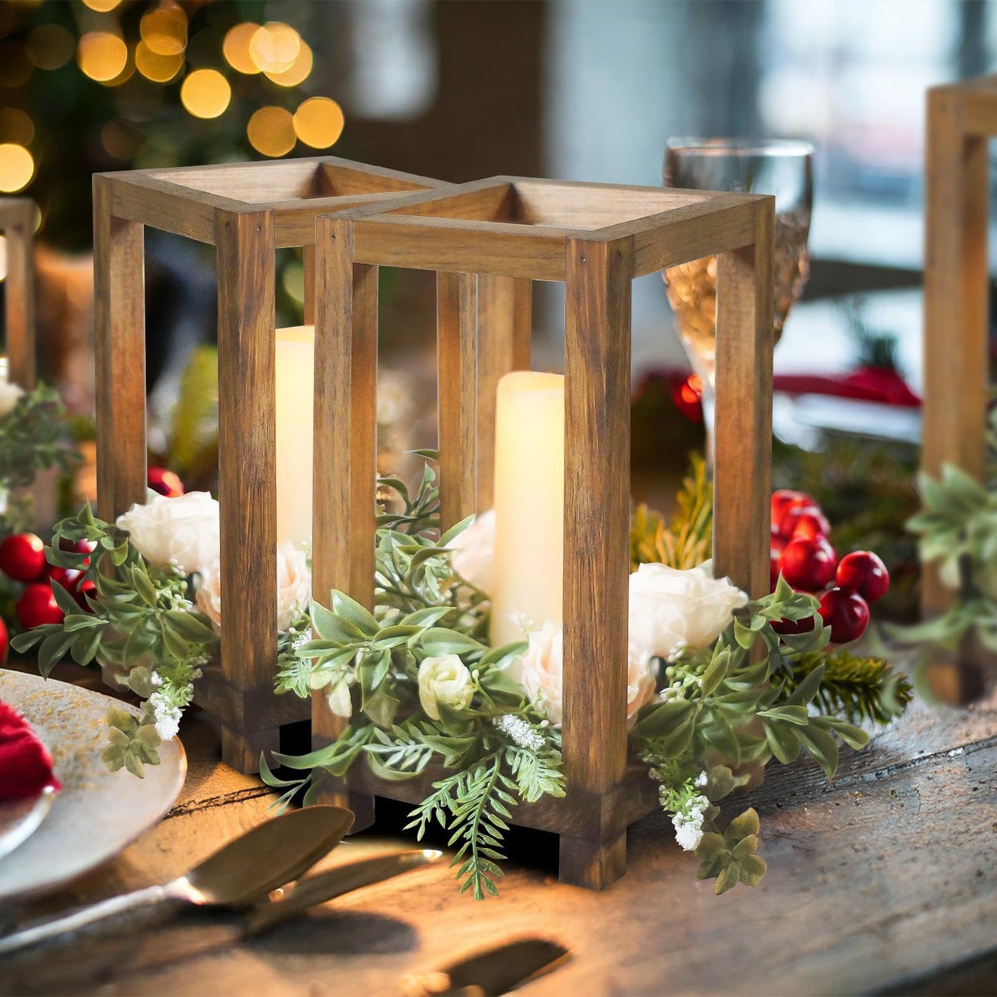 4 Pcs Wooden Lanterns Wedding Centerpiece for Tables, Farmhouse Candle Lantern, Perfect Centerpiece Table Decorations, Candle Holder Decorative for Wedding Party, Table Valentine Decor