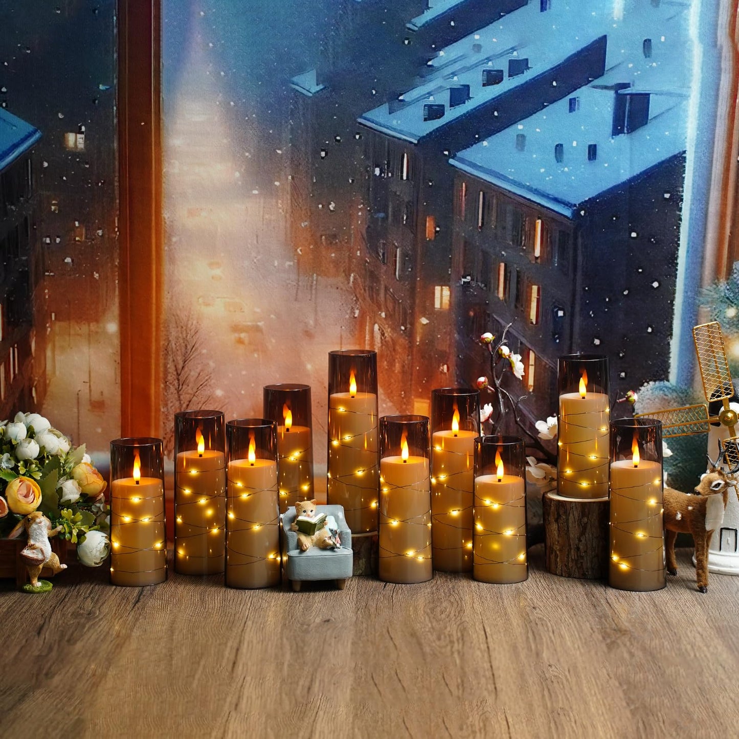 Flameless LED Candles with Timer 24 Pc Flickering Flameless Candles for Romantic Ambiance and Home Decoration Stable Acrylic Shell,with Embedded Star String,Battery Operated Candles(Grey)