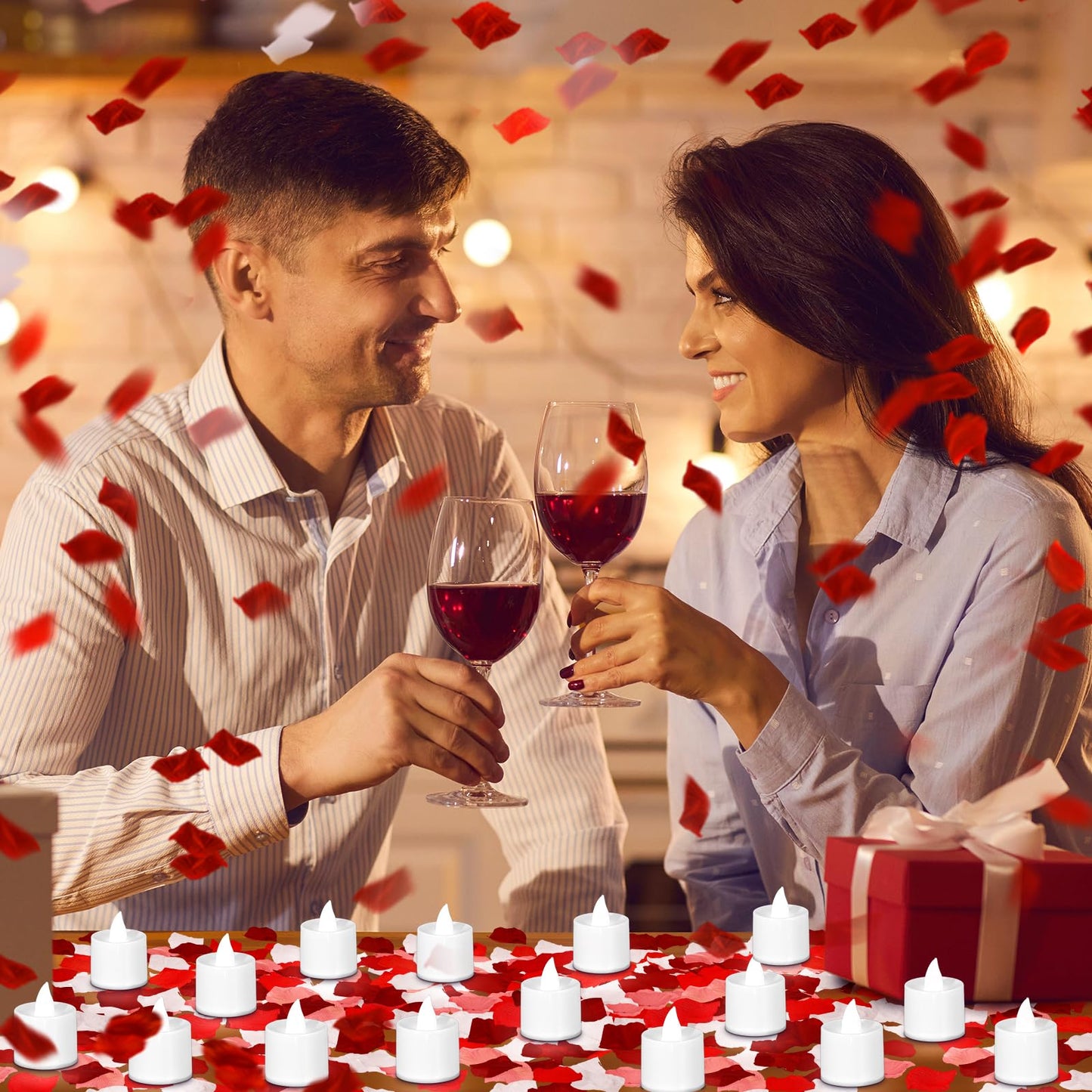 Coume 6000 Pcs Artificial Rose Petals with 72 Pcs Flameless LED Candles Romantic Decorations Fake Candles Anniversary Decorations for Valentine's Day Wedding Night(White with Red Series Petal)