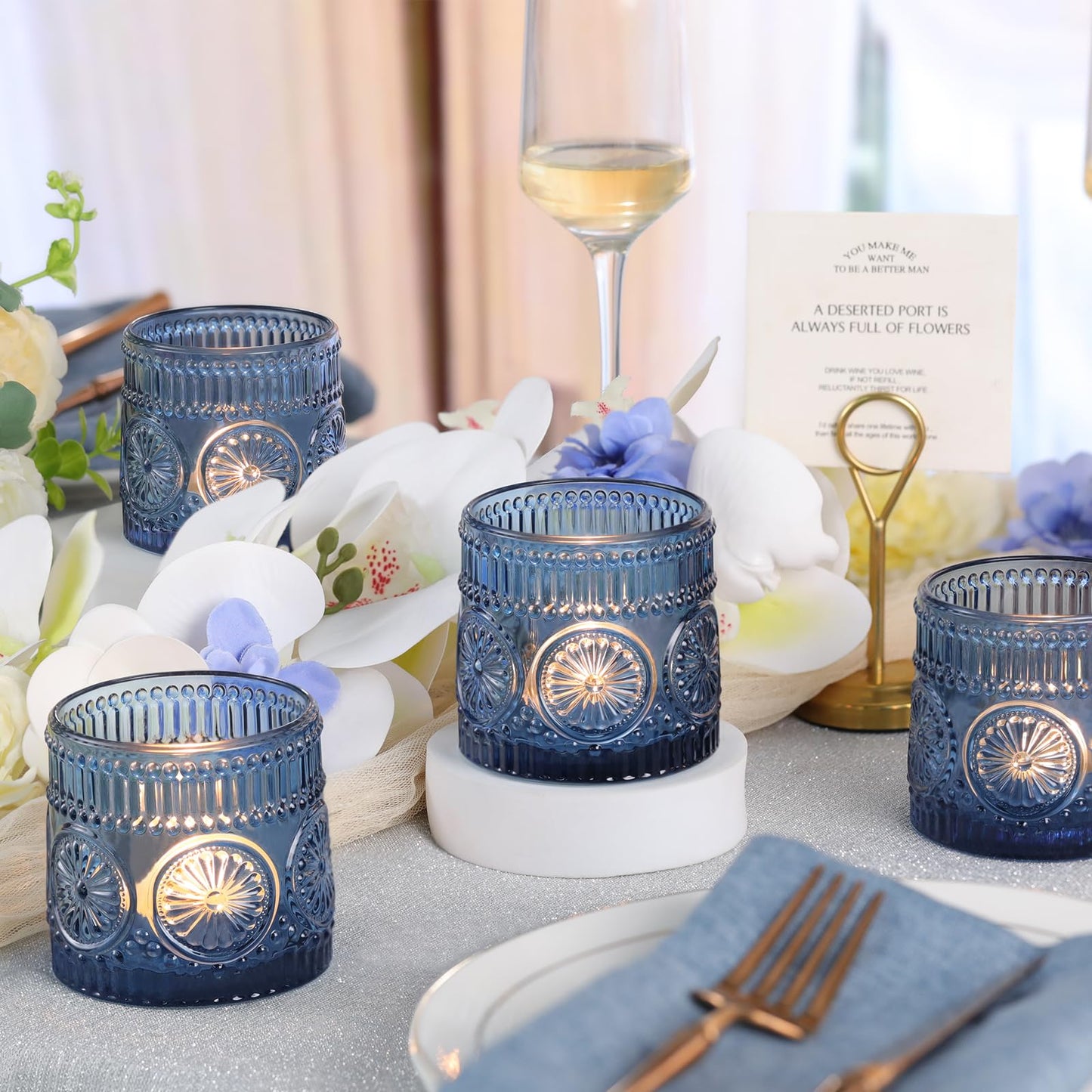 Sunnyfuture 6Pcs Large Votive Candle Holders Blue Glass Tealight Candle Holders for Wedding, Table Centerpiece, Party, Birthday, Home Decor