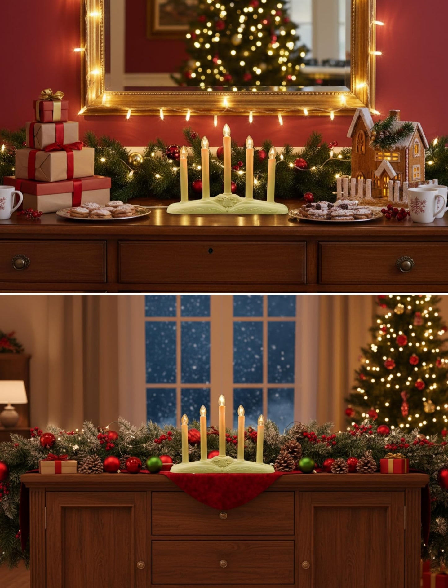 Pallerina Window Candles for Christmas, Battery Operated or Electric LED Flameless Taper Candlesticks with Timer and Sensor for Holiday Home Window Decoration, Ivory Base, 5-Light Set