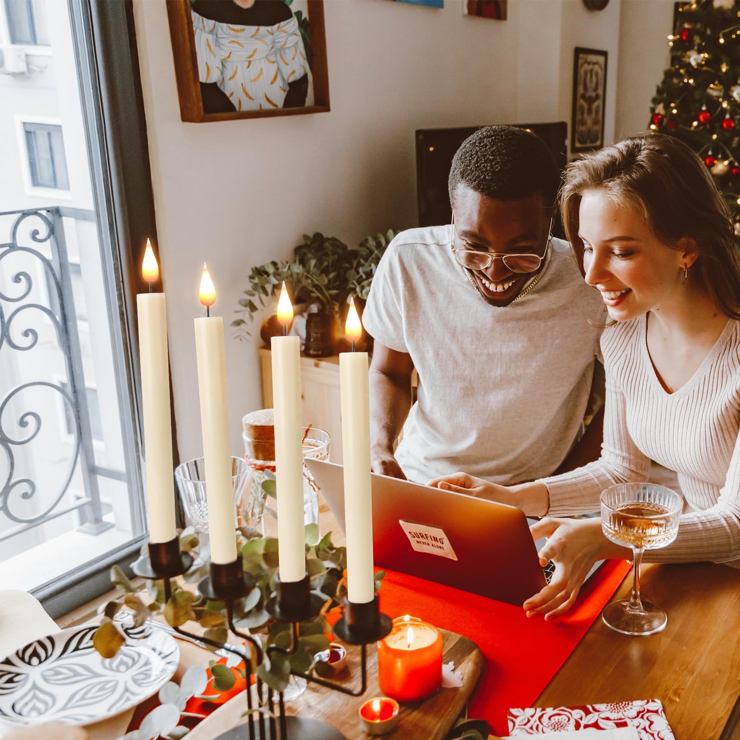 LED Flameless Taper Candles With Remote-Timer Battery Operated Flickering 9.6 Inches Ivory Window Candle Lights Realistic Warm Amber Light Best Gift For Xmas Wedding Home Dinner Decor Set of 10