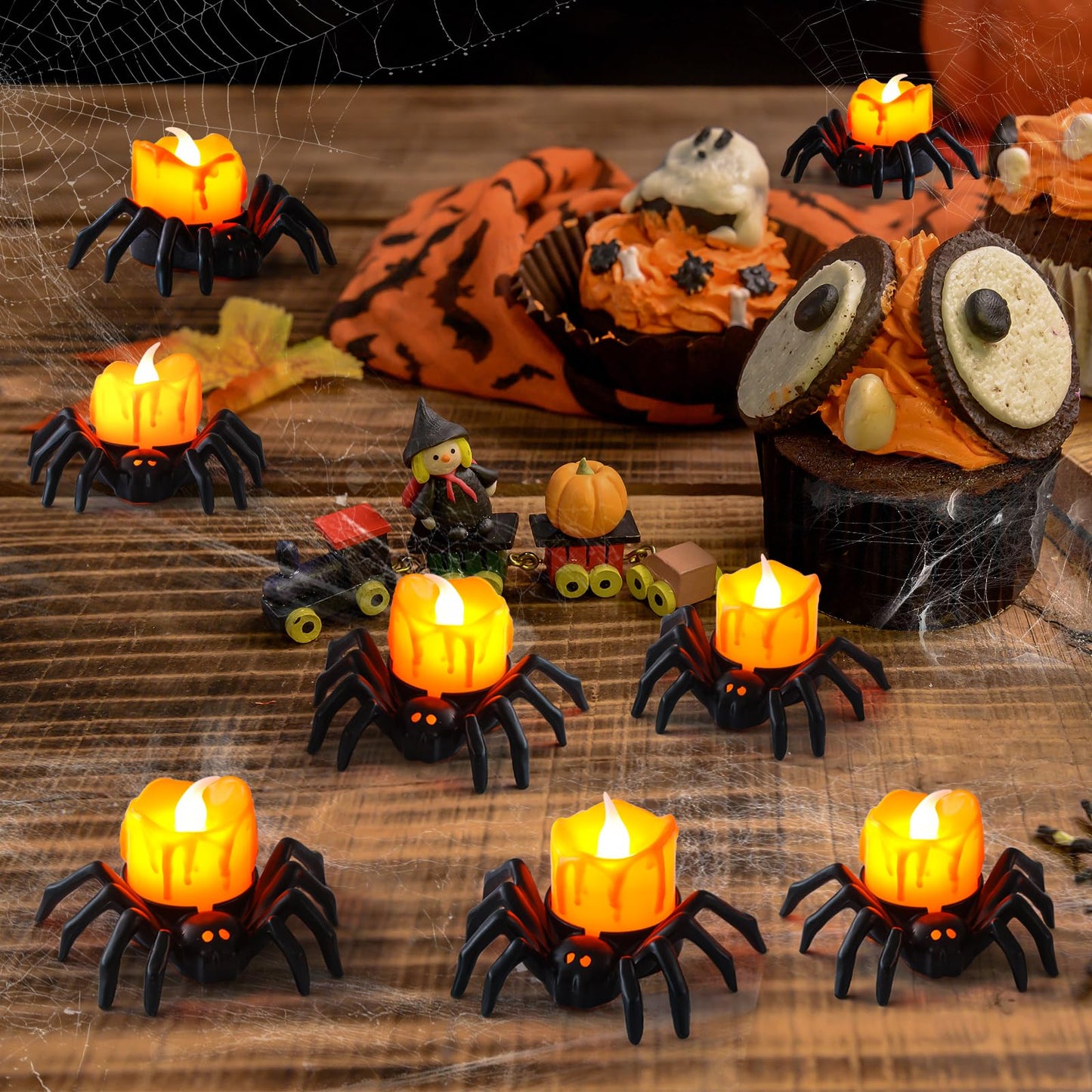 Liomus 12 Packs Halloween Spider Lights,Bright Novelty LED Flameless Spider Candle Tea Lights,Battery Operated Orange Halloween Decor Lights for Halloween Holiday Party Home Spooky Decor