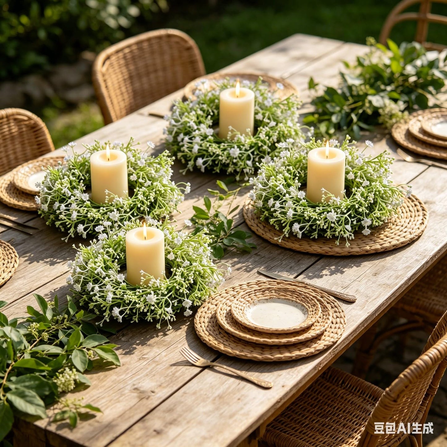 6 Pcs Mini Baby Breath Candle Rings Wreaths Gypsophila Pillar Holder Wreath Artificial Flower Spring Summer Floral Wreath for Wedding Farmhouse Porch Cabinets Table Decoration