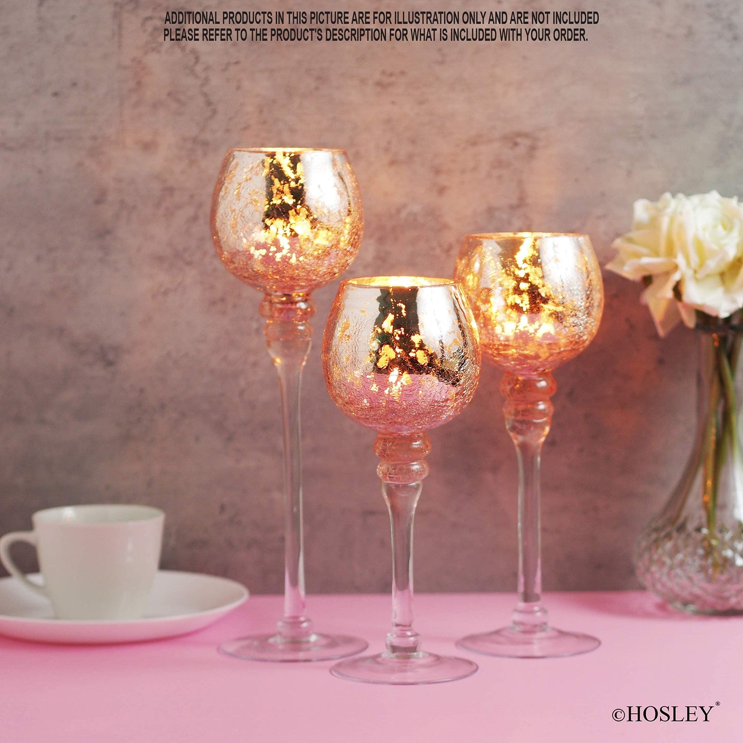 Hosley® Elevate Ambiance with Set of 3 Crackle Rose Gold Glass Tealight Holders 12 Inch, 10 Inch, 9 Inch Sophisticated Decor for Chic Candle Displays