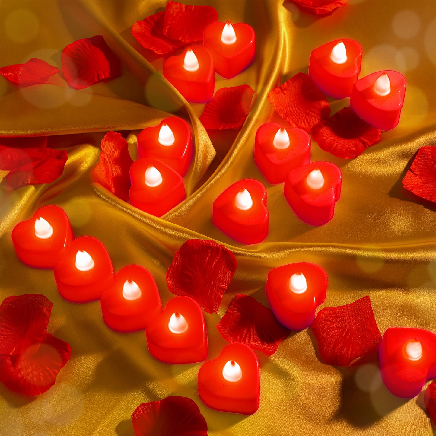 Coume 6000 Pcs Artificial Rose Petals with 120 Pcs Heart LED Tea Lights Candles Kit Rose Petals Candles Set for Romantic Night Anniversary Proposal Wedding Date Hotel(Red Light)