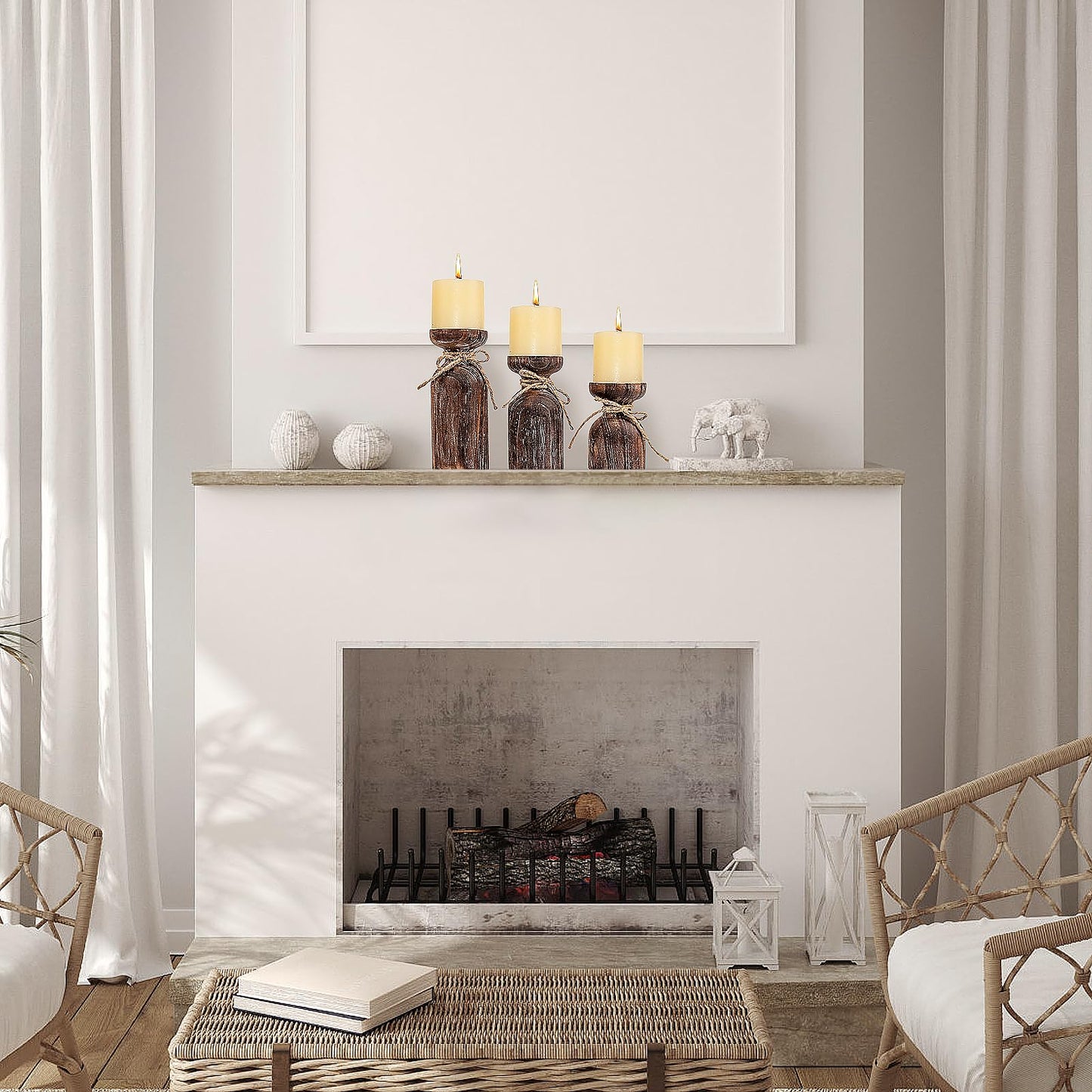 Farmhouse Wooden Candle Holders for Pillar Candles, Brown Distressed Set of 3 Rustic Wood Pillar Wood Candle Stands with Hemp Rope Bow Table Centerpiece Decor for Fireplace, Living, and Dining Room