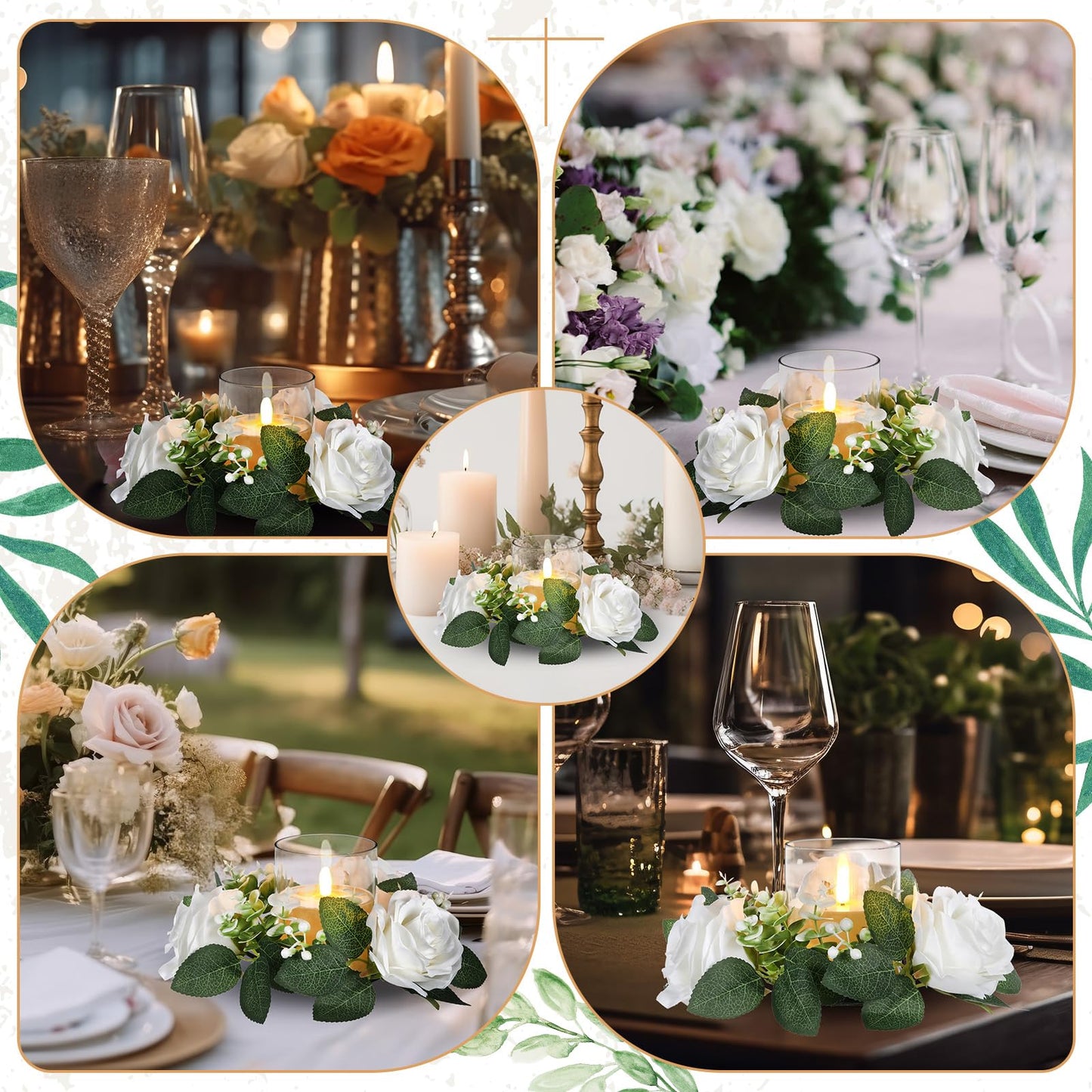 Yunlly 32 Pcs Rose Candle Rings with Flameless Candles Sets, Artificial Flower Eucalyptus Wedding Centerpiece 3 Inch Pillar Candleholders Wreaths for Wedding Party Mother's Day (White)