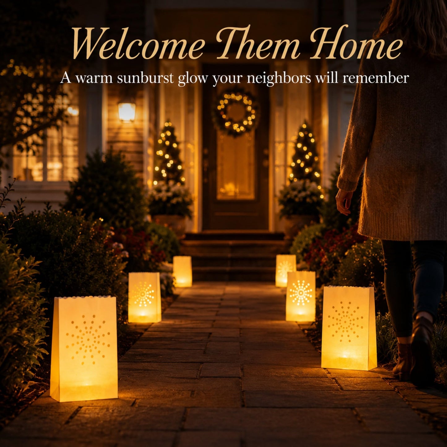 AceList 30 Sunburst Luminary Bags with Flameless Candles & Batteries - Reusable Outdoor Luminaries for Christmas Driveway, Walkway & Party - Moisture-Resistant Coated Paper Lanterns Set