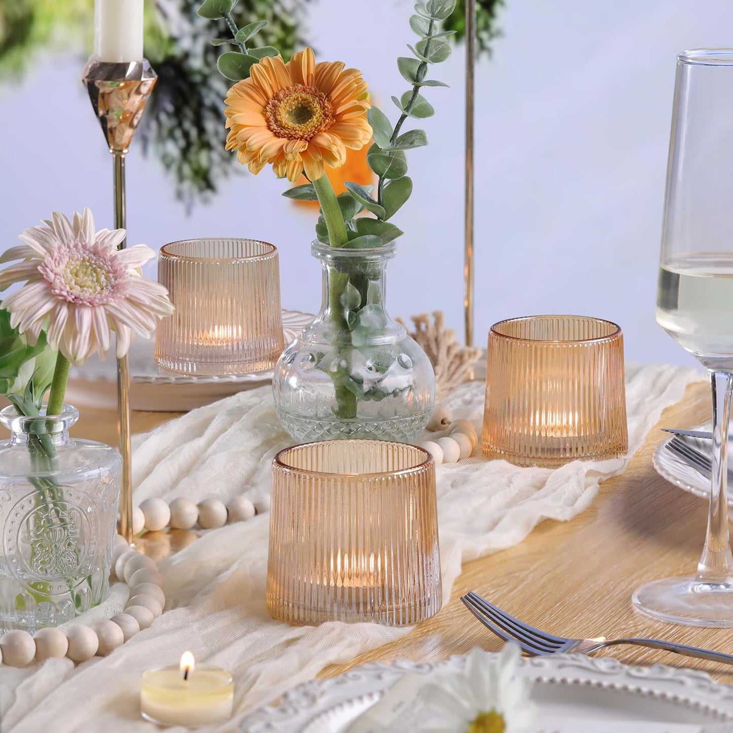DARJEN Gold Ribbed Tealight Votive Candle Holders Set of 10- Tea Light Candle Holders Glass for Table Centerpiece, Votive Candle Holders for Home, Wedding & Fall Decor