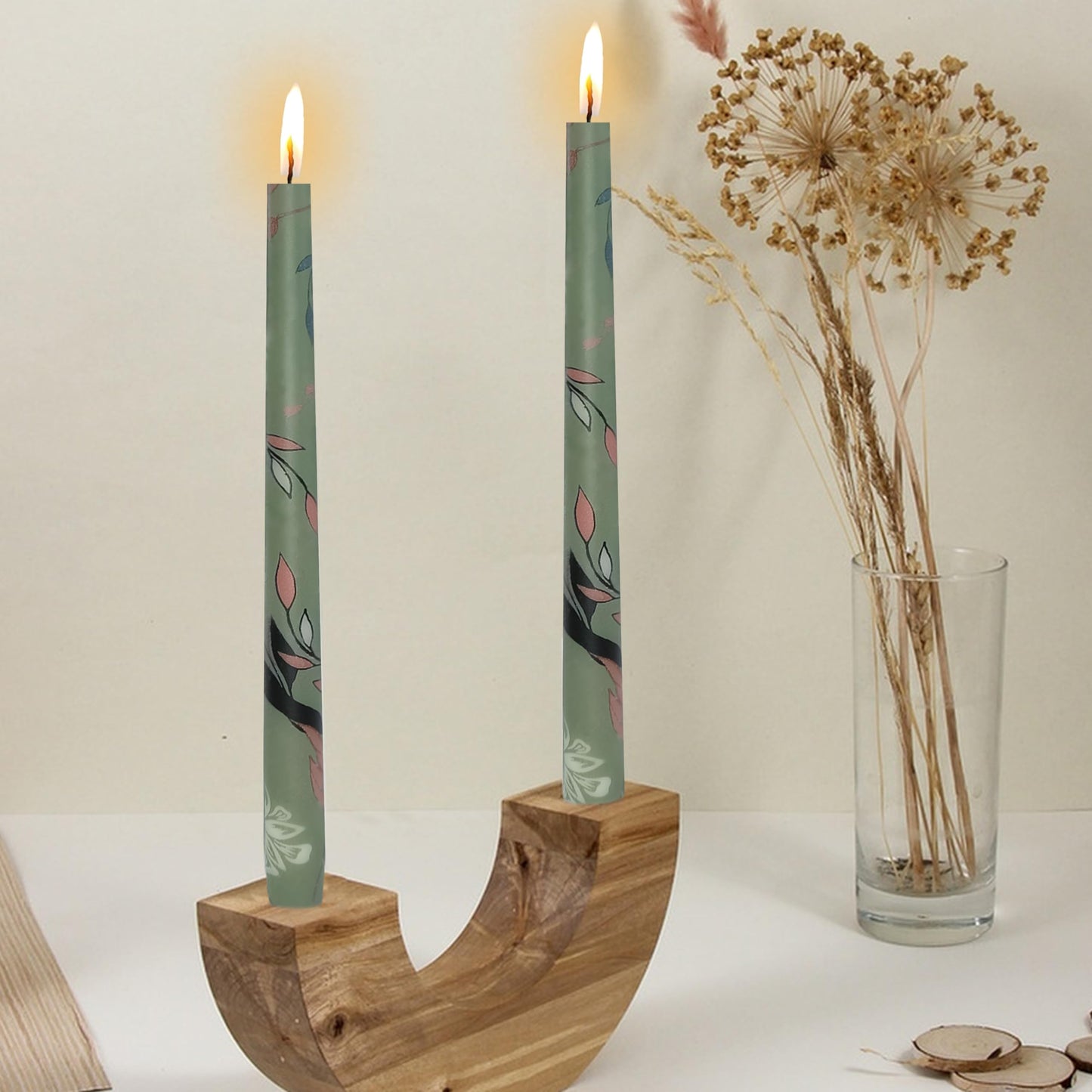 10 Inch Taper Candles Leaf Print Candle Sticks Handmade Set of 2 Unscented Long Candle Smokeless Tapered Candles for Meditation Wedding Spa(Green)