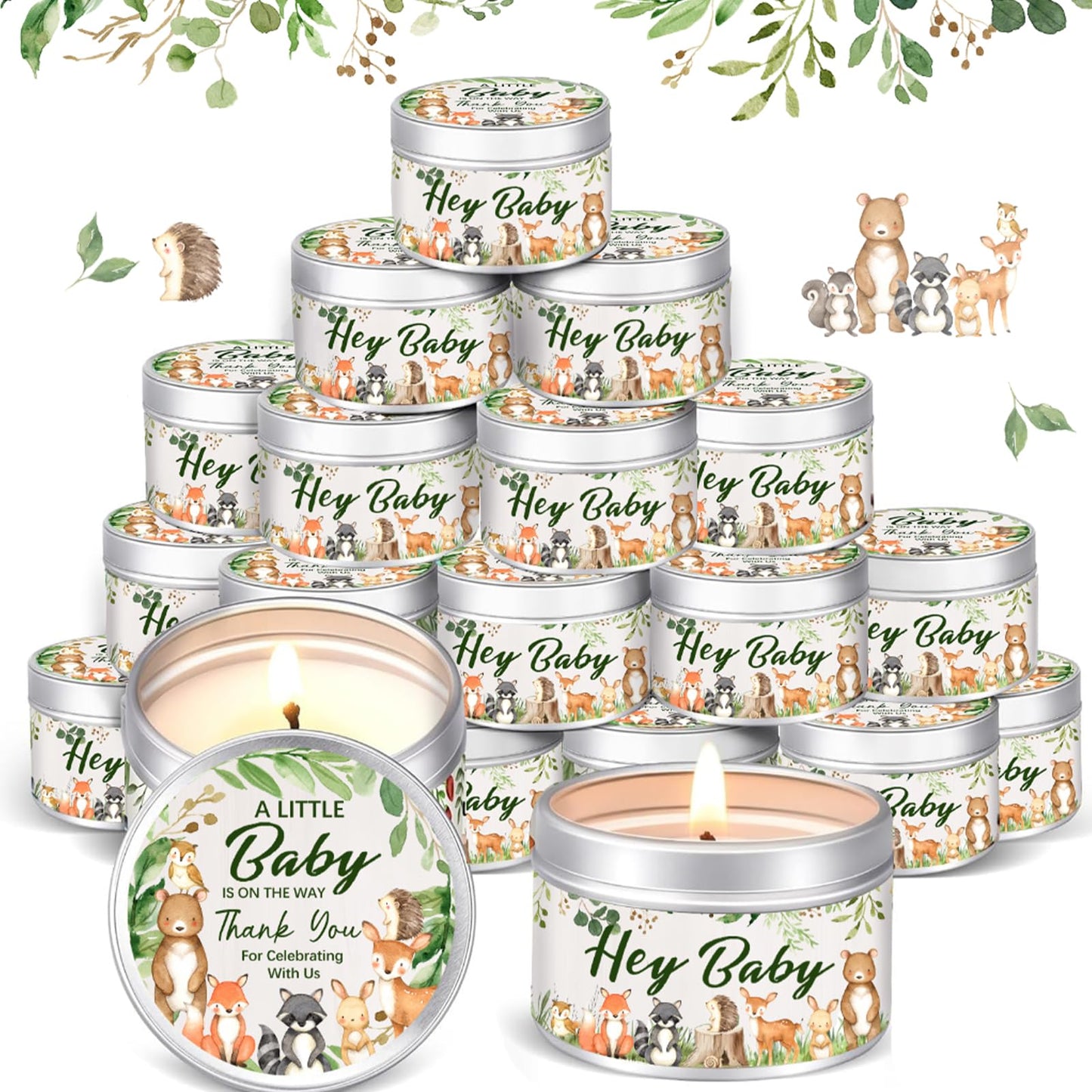 Whaline Woodland Animal Baby Shower Party Favor Candles Forest Animals Lavender Scented Candles Soy Wax Tin Jar Candle Tealights for Guests Gender Reveal Decoration Gift, 24 Pack