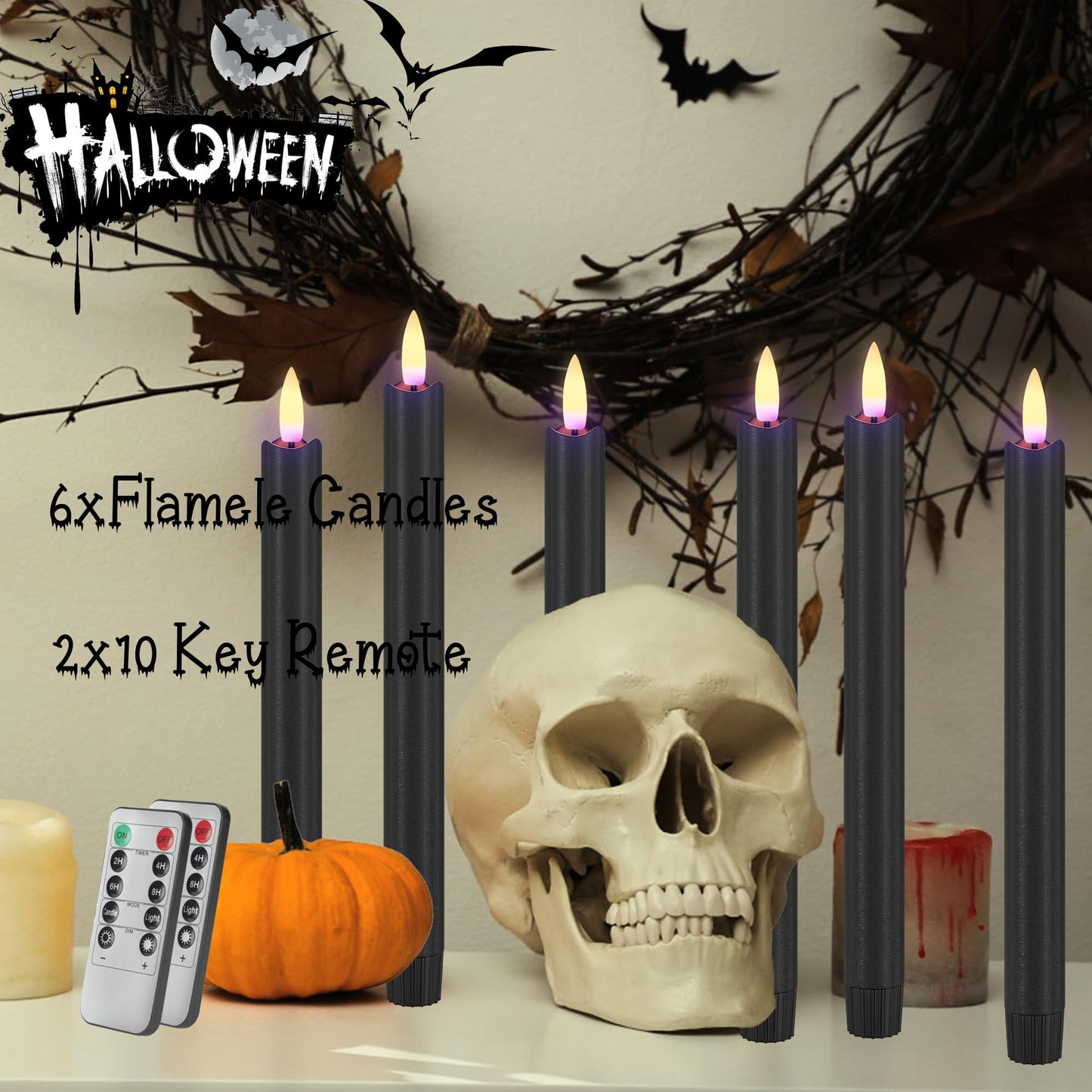 AFINETH Black Flameless Taper Candles with Remote, 9.6" Halloween Battery Operated Candles 3D Wick, 6 Pack Real Wax Led Candlesticks Flickering Electric Candle for Halloween, Home, Party Decor