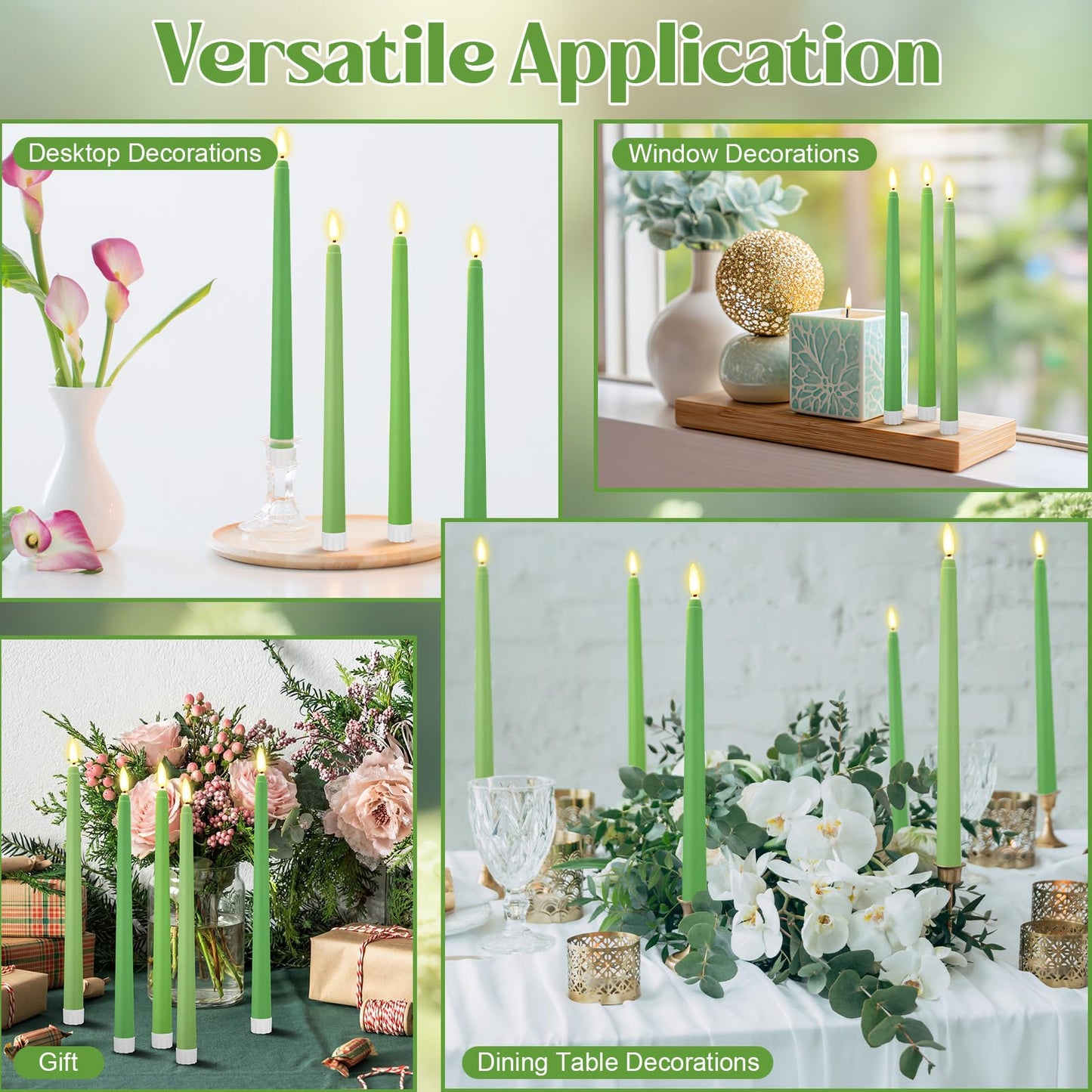 Macarrie 24 Packs Flameless Taper Candles Battery Operated Fake 11 Inch Long Candlelight LED Flameless Candlesticks Flickering Tapered for Spring Summer Wedding(Spring Green)