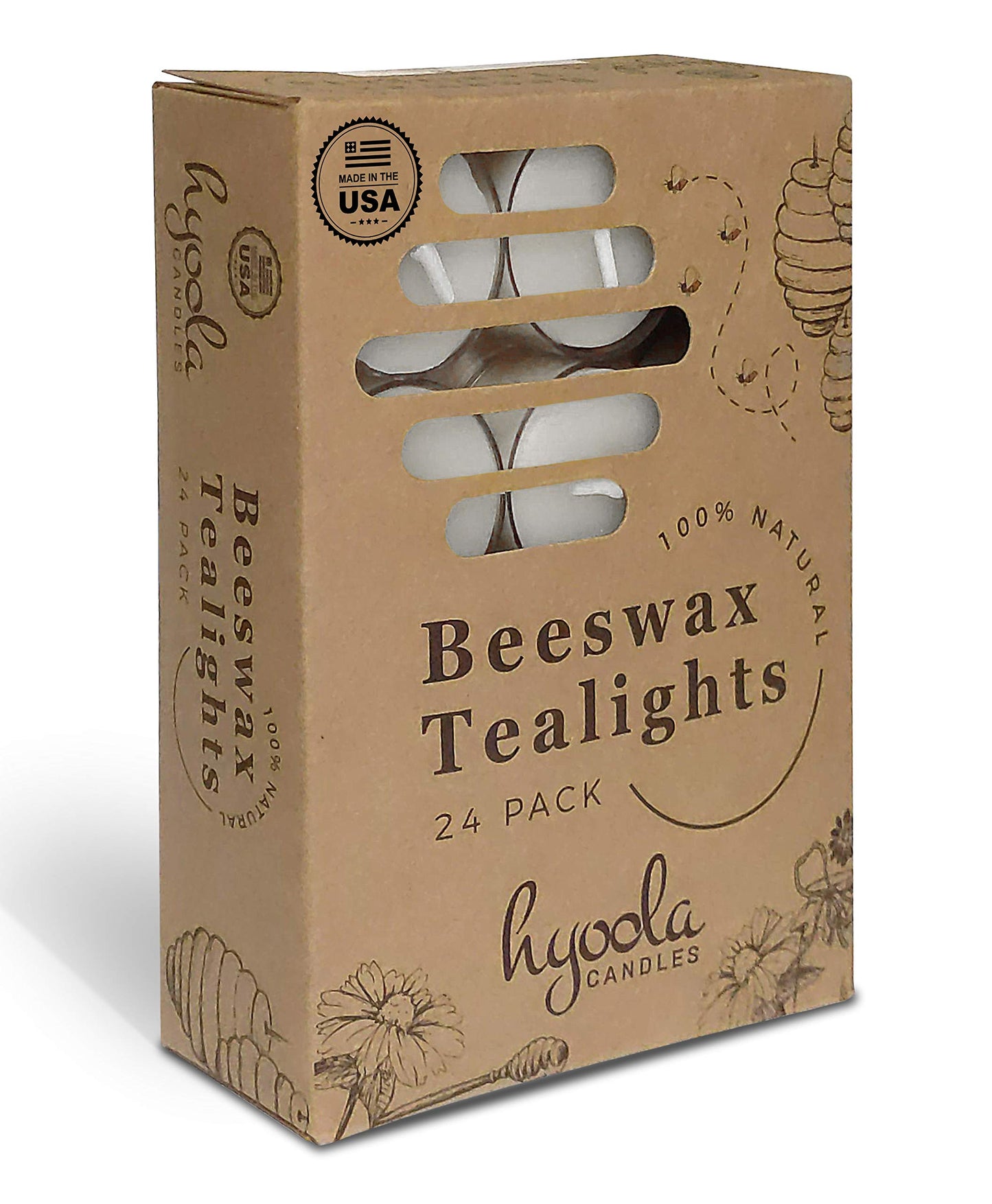 Hyoola Pure White Beeswax Tea Lights - 24 Pack - Handmade Decorative Unscented - Tealight Candles - 4 Hour Burn Time, Clear Cup