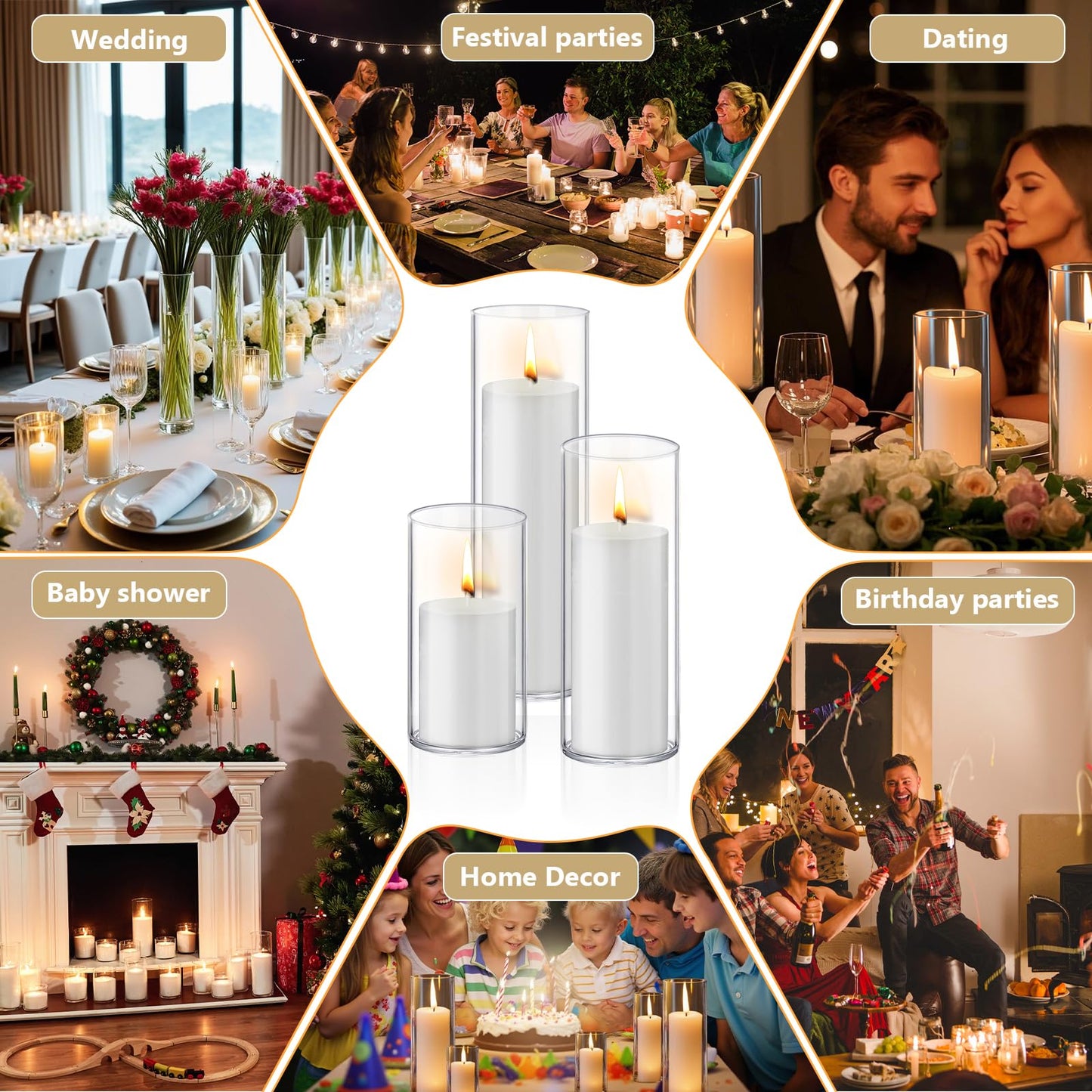 Homjoy 24 PCS White Pillar Candles with Glass Candle Holders Clear Hurricane Candle Holders Glass Cylinder Vases for Centerpieces Wedding Party, Event, Home Office (12 Candles+12 Candle Hoders)
