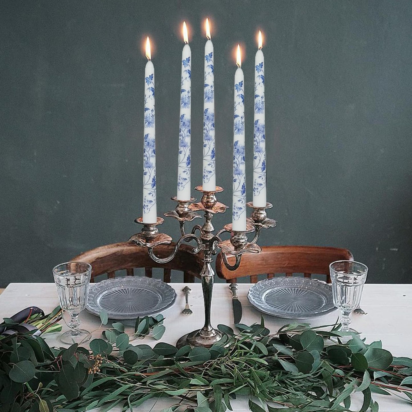 Blue and White Porcelain Taper Candles 10 Inch Print Candle Handmade Unscented Lotus Pattern Long Candles 2 Pack Twisted Candlesticks for Wedding Home Decoration Gifts
