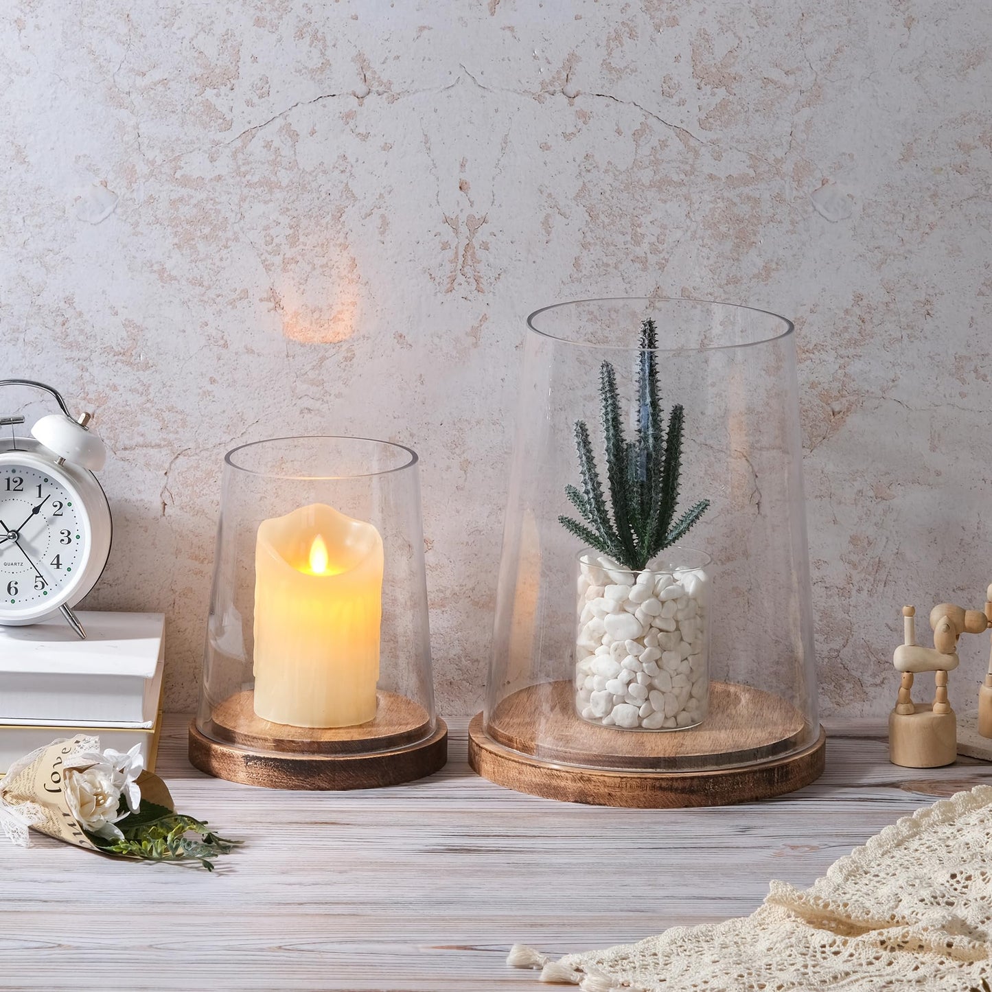 8" Wide Glass Hurricane Candle Holders with Handmade Sturdy Glass Sleeves and Vintage Natural Wood Base for Pillar Candle & Plants, Industrial, Farmhouse, Display Cloche Bell Jars, Table Centerpiece