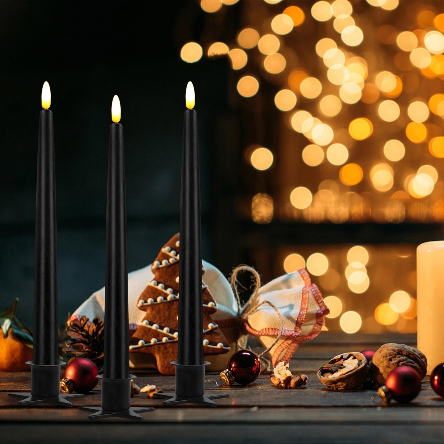 CVHOMEDECO. Flameless Taper Candles with 10-Key Remote, Battery Operated Led Flickering 3D Wick Window Candles Real Wax Finished Home Christmas Party Decor 0.78 x 11 Inch, Pack of 3, Black