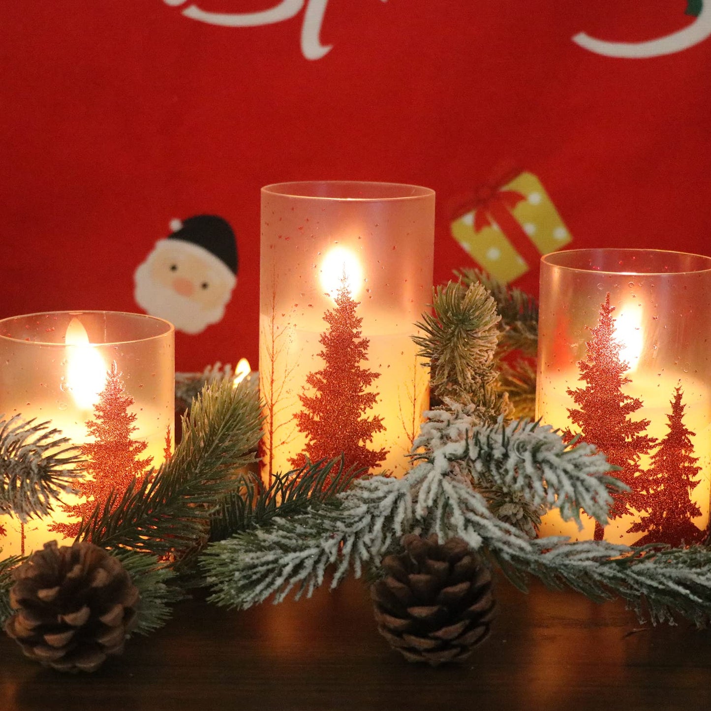 Wondise Glass Flameless Candles with Remote and Timer, Battery Operated Pine Tree Decals Pillar Candles for Home Decoration, Set of 3(D3 x H4/5/6 Inch)