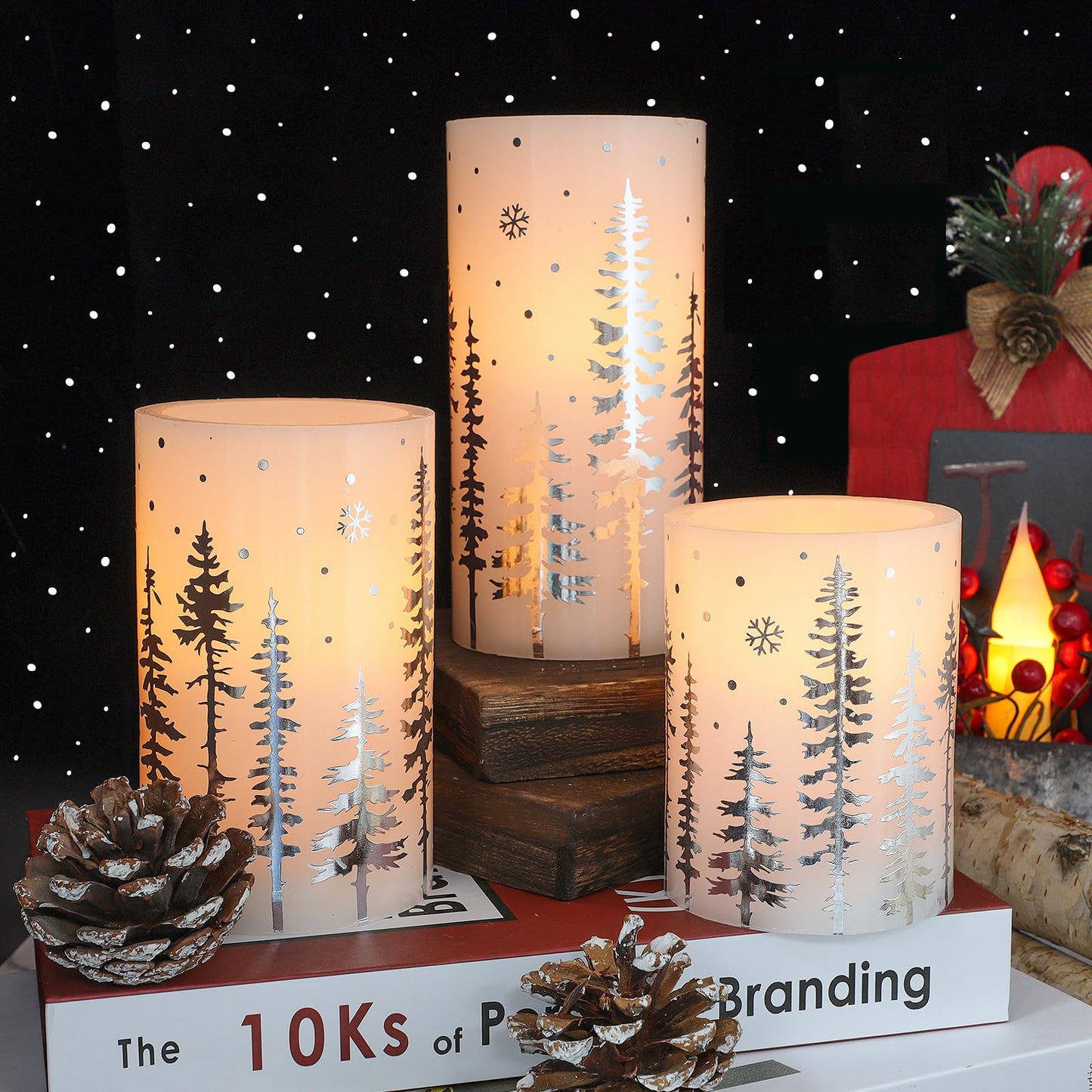 Crystal Club Christmas Flameless Candles, Holiday LED Candles Battery Operated with Remote and Timer, Realistic Flickering Candles with Silver Xmas Tree Decal for Festival & Home Party Decor