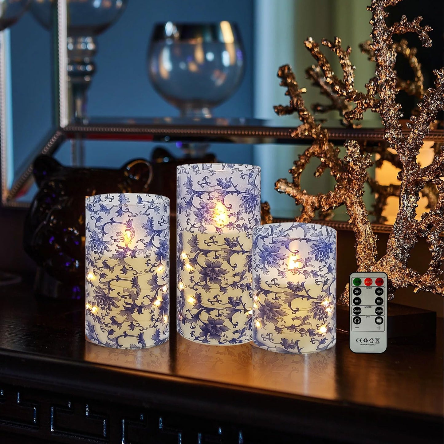 NjaoHoo Floral Flickering Flameless Candles, Recessed String Light LED Candles 3D Wick Acrylic Battery Operated LED Pillar Candles with Remote and Timer for Home Decor Set of 3(Blue & White)