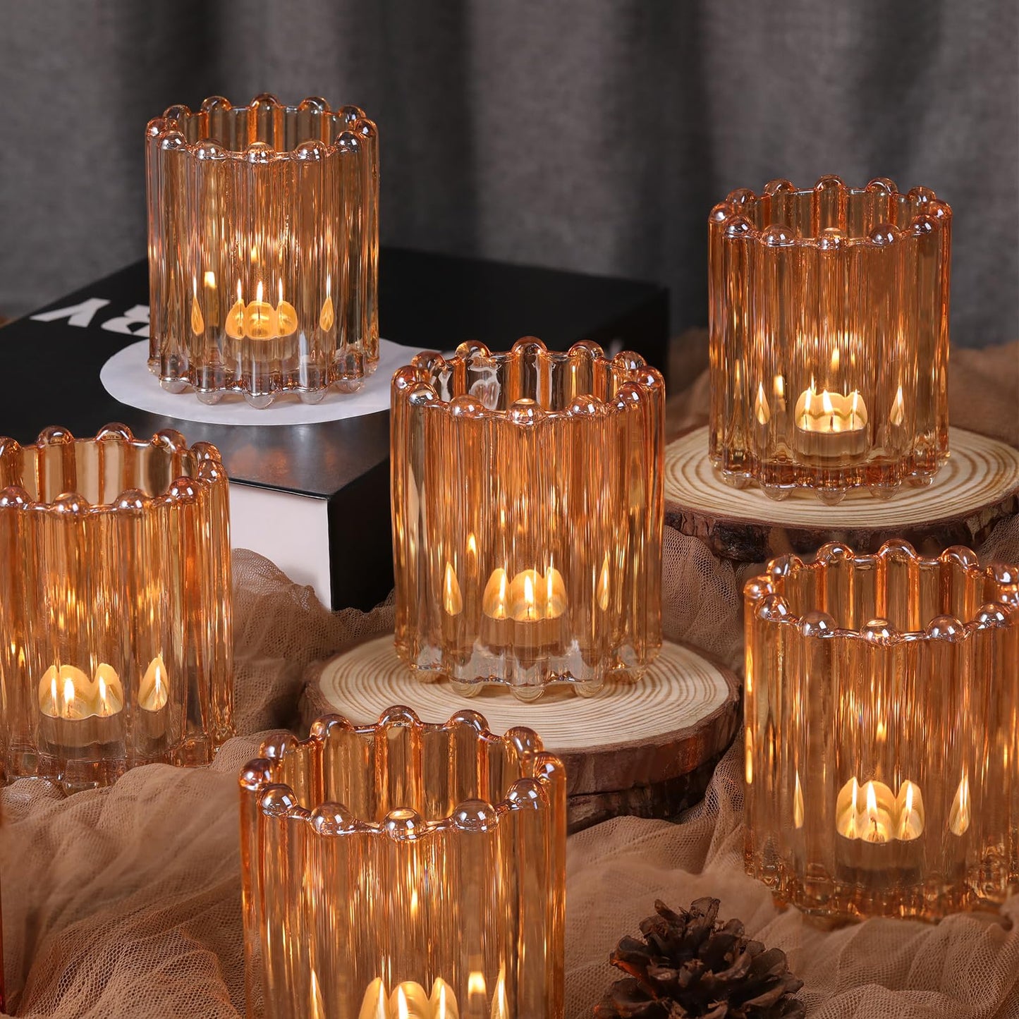 HAVITI Glass Gold Votive Candle Holder, Ribbed Votive Candle Holders Set of 12, Tealight Candle Holder for Wedding Centerpieces Dinner Party Table Decor