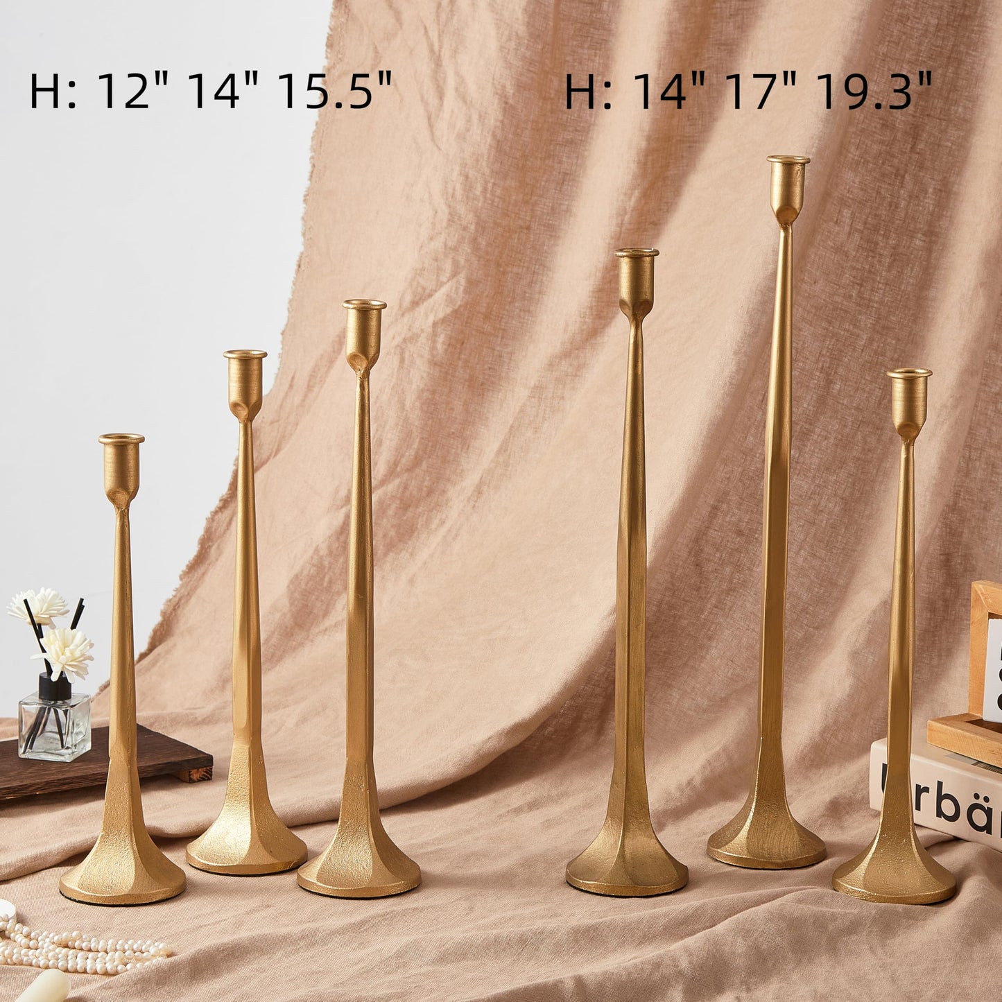 Denique Iron Taper Candle Holder Set of 3, Gold Candlestick Holders 19.3”17” 14” Heightening Decorative Candle Stand Set for Wedding, Dining Table, Home Decoration (Gold)