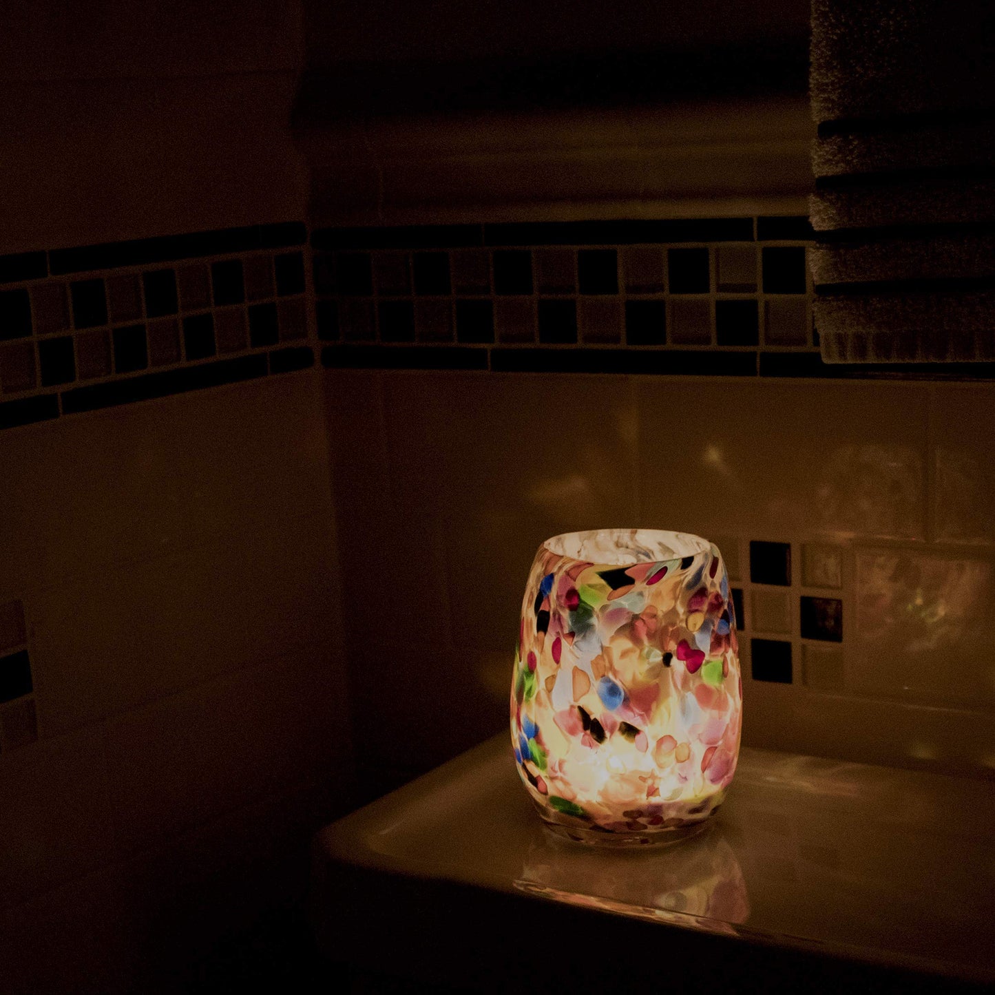 Totally Blown Glassworks Votive Candle Holder, Tea-Light, Handmade Blown Glass, Accent Vase, Centerpiece, Home Decor, Artist Dehanna Jones, Seattle, WA. (White Over the Rainbow)