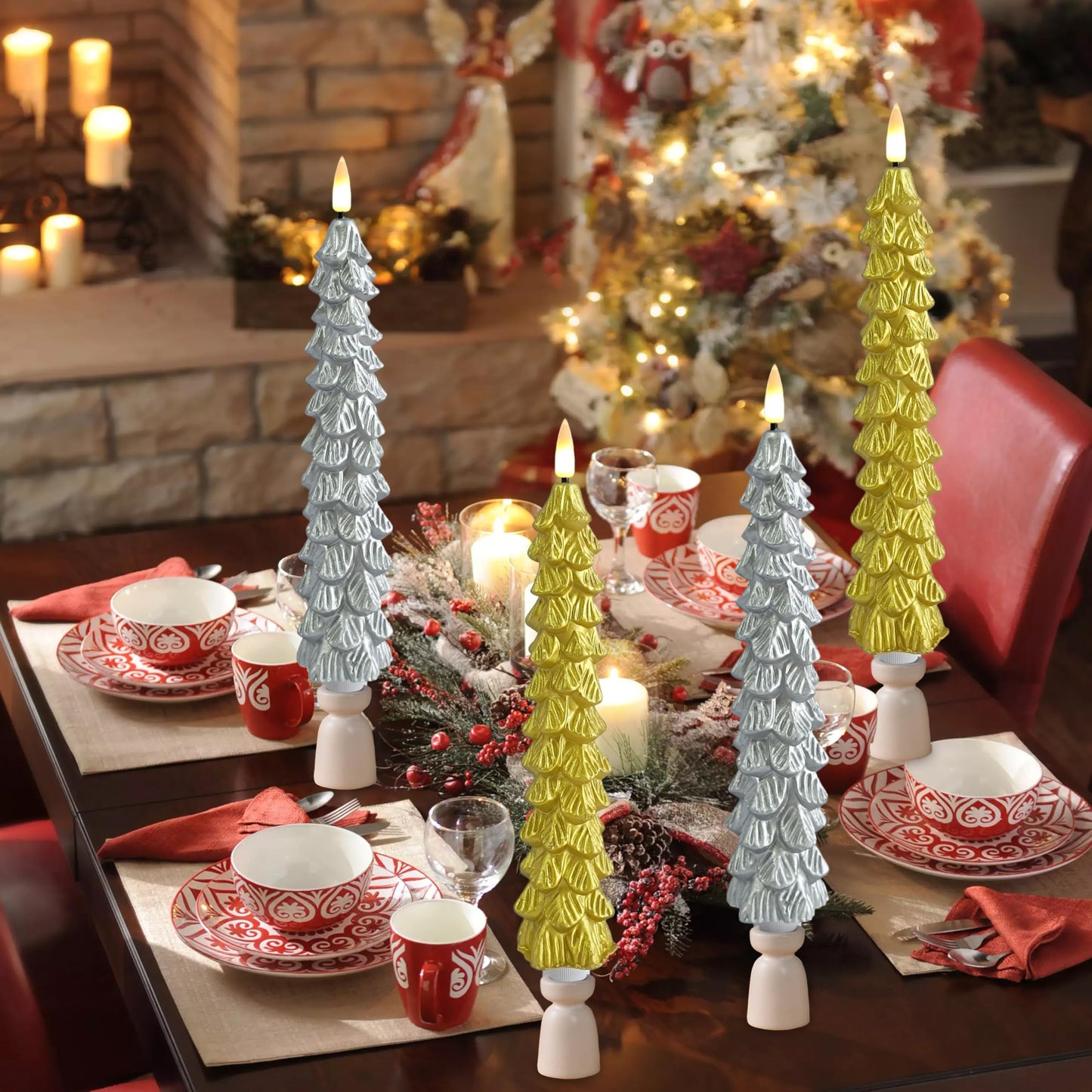 FCMSHAMD Gold Christmas Trees Flickering Flameless Candles with Remote and Timer, Real Wax 3D Flame Wick LED Candles, 9.8 Inch Battery Operated Candles for Christmas Home Decoration,4PCS