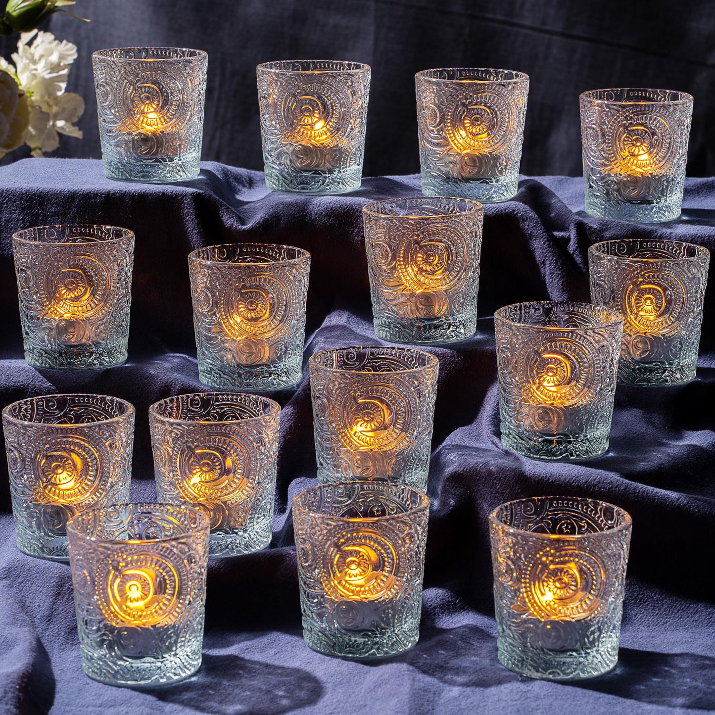 6 Pack Sun Moon Star Embossed Glass Tea Light Candle Holders - Votive Candle Holders for Wedding, Party, Home Decor, and Table Centerpieces (Clear Glass)